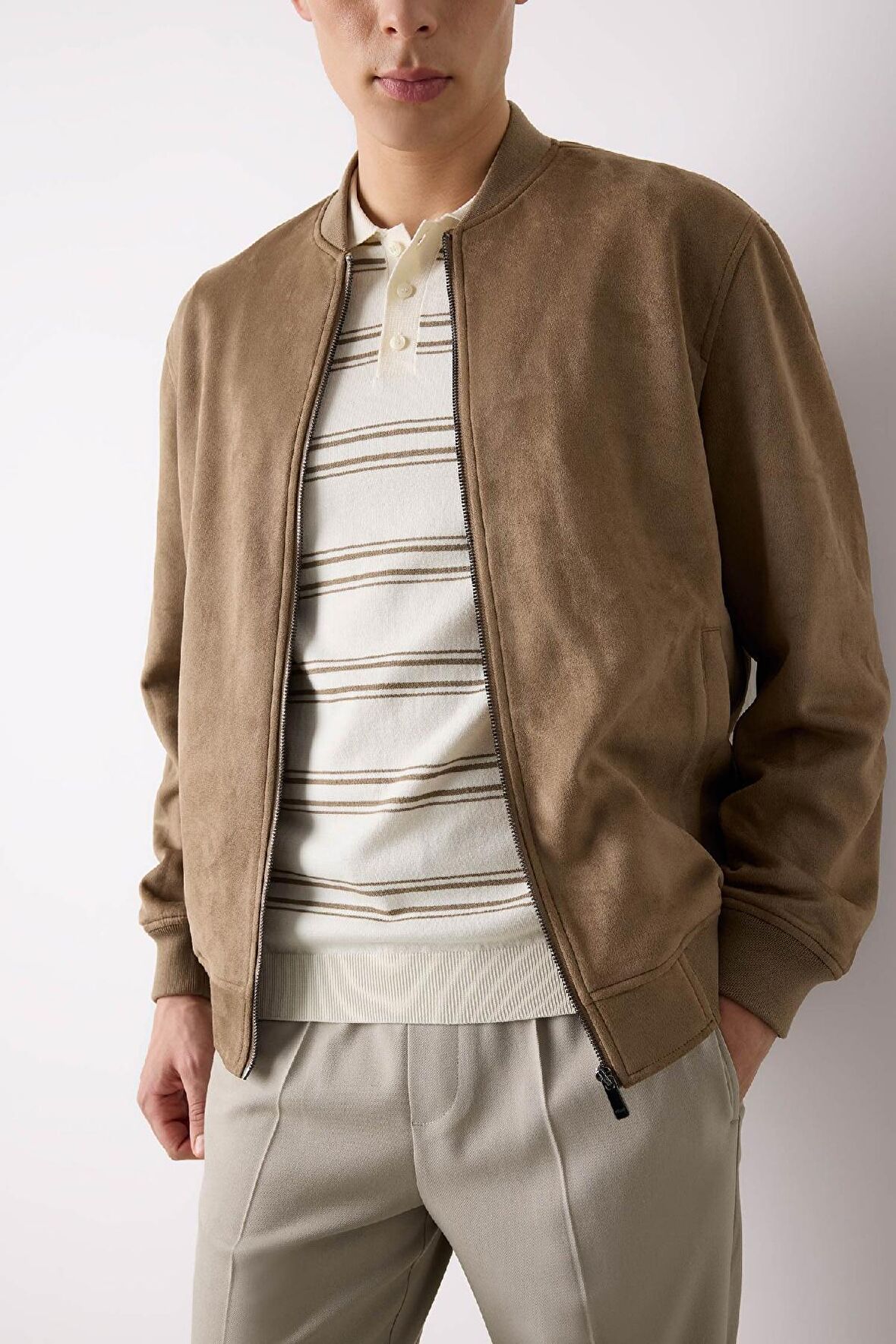 Slim Fit Süet Bomber Mont Ceket Dar Kesim Kolej Yaka Fermuarlı Çift Cepli Mevsimlik Hafif 