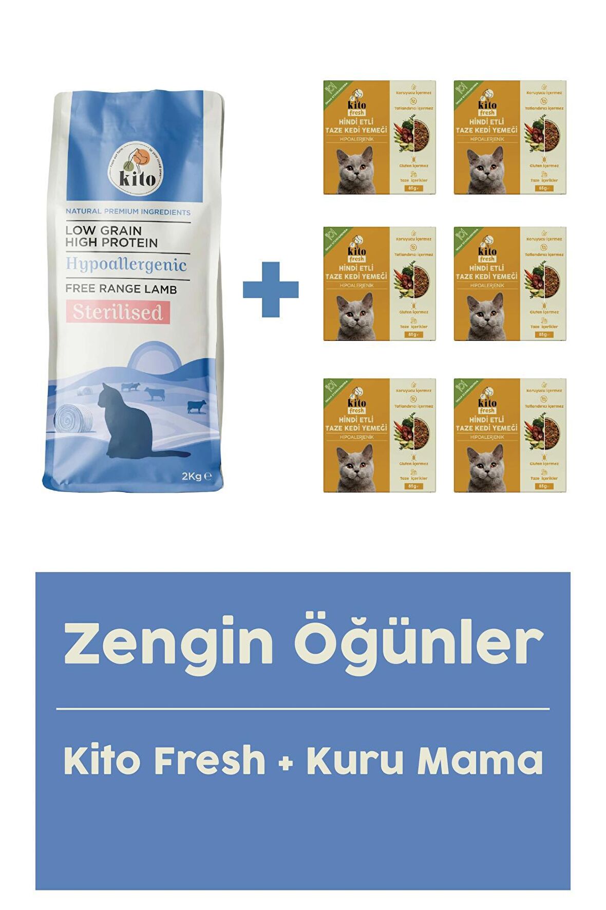 Kısır Kedi Maması 2 KG + Hindi Etli Kito Fresh X 6