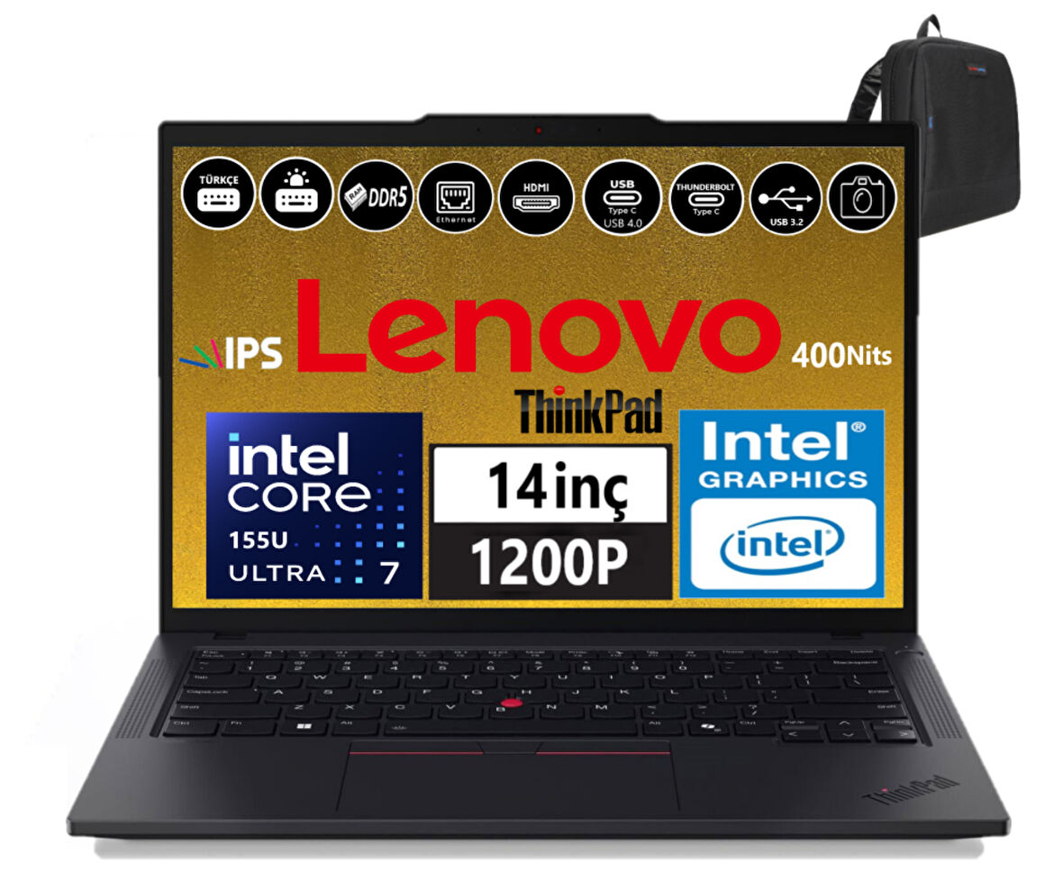 Lenovo Thinkpad T14 Gen5 Ultra 7 155U 48GB Ddr5 2tb SSD 14" Wuxga 400NİTS IPS WINDOWS11PRO Taşınabilir Bilgisayar W21ML008MTX39+ZETTAÇANTA