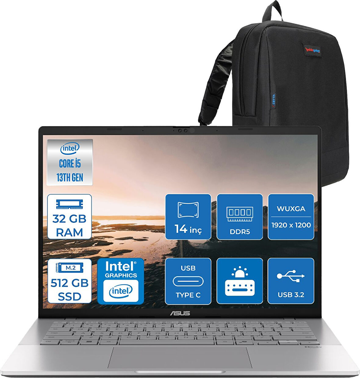 Asus Vivobook WS3407VA S14 Intel Core I5 13420H-32GB DDR5-512GB Ssd-14" Wuxga IPS 300NITS Freedos Taşınabilir Bilgisayar ZLY045F17+ZETTAÇANTA