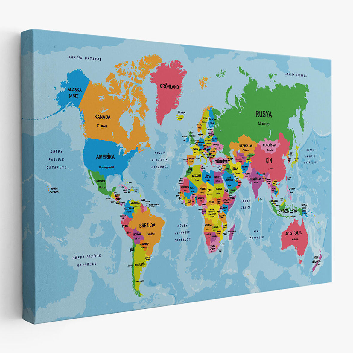 Harita Sepeti Türkçe Dünya Haritası Ülke Başkentli ve Okyanuslu Dekoratif Kanvas Tablo 2200