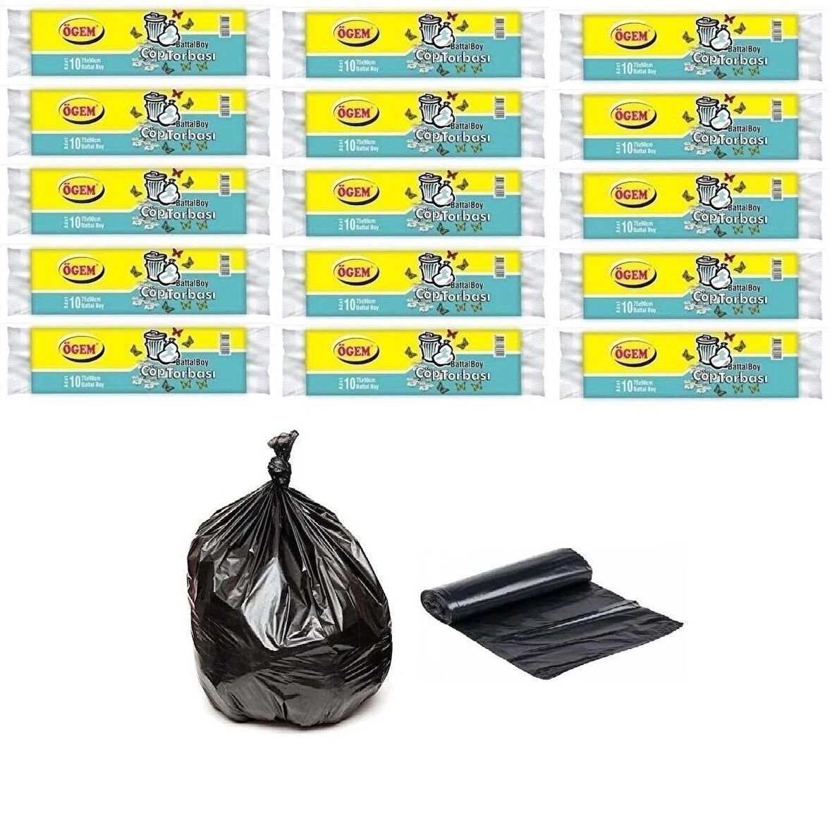 Ögem Battal Boy Çöp Poşeti 75x90 Cm 10'lu Rulo 15 Paket Siyah