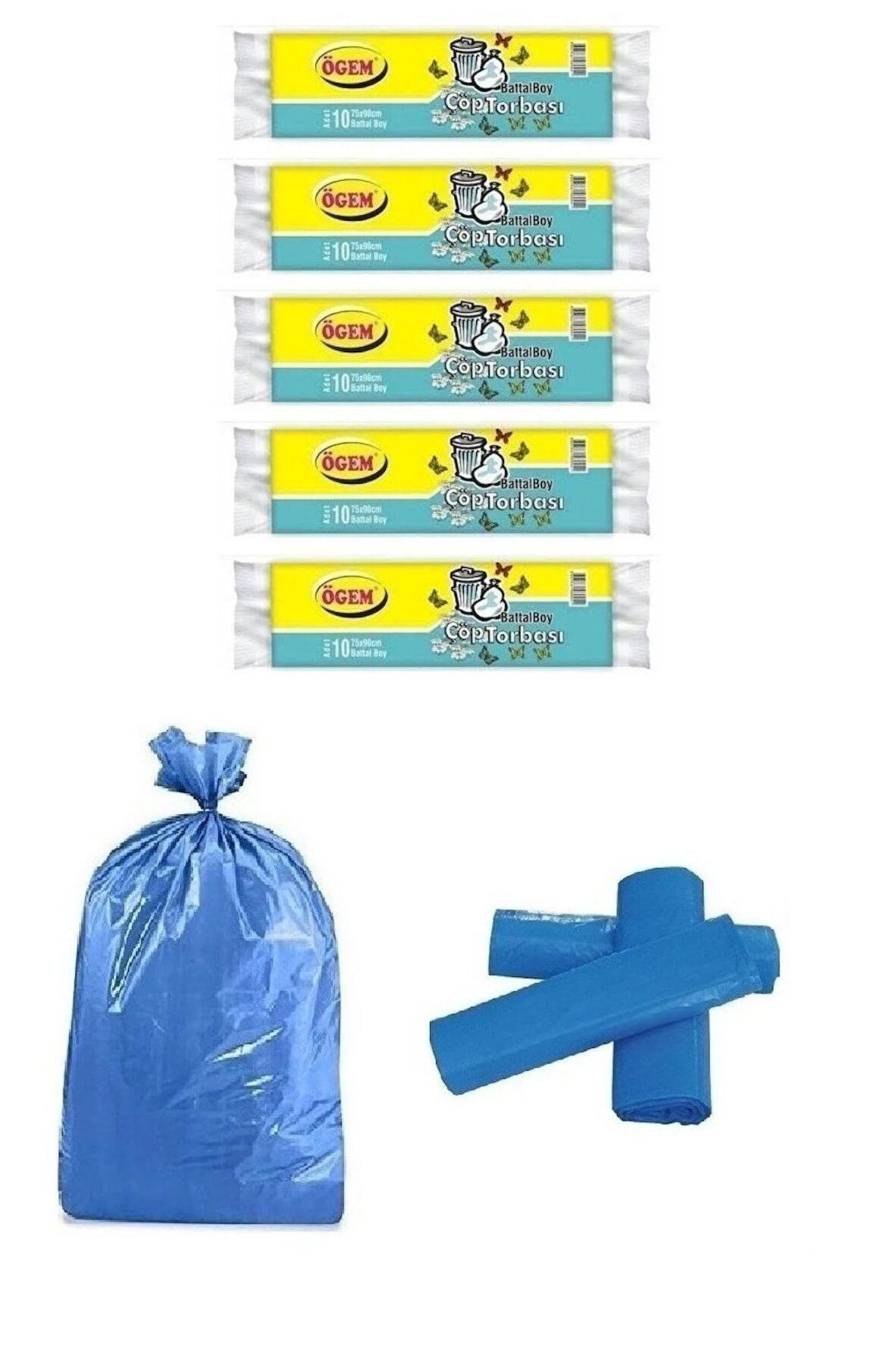 Ögem Battal Boy Çöp Poşeti 75x90 Cm 10'lu Rulo 5 Paket Mavi