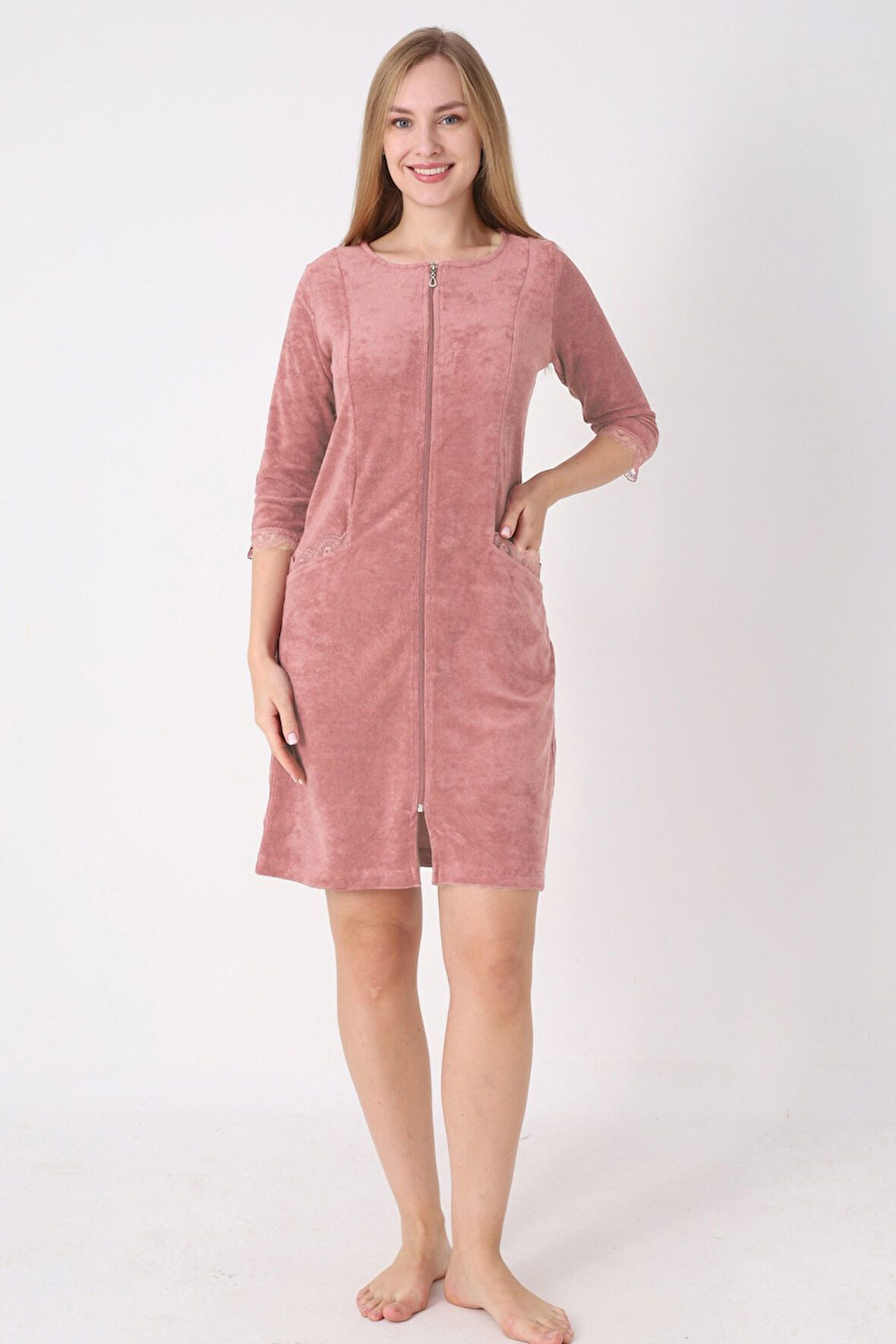 fermuarlı dantel detaylı pamuklu havlu elbise