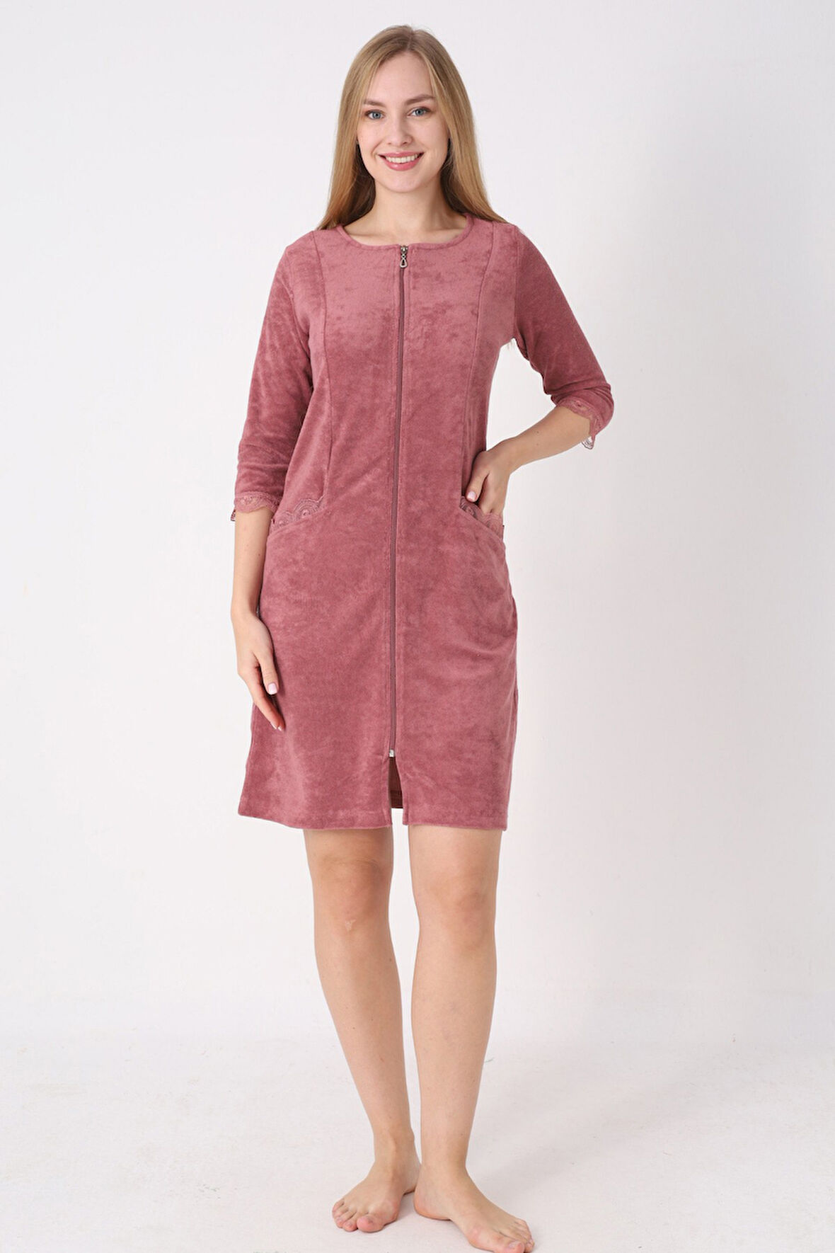 fermuarlı dantel detaylı pamuklu havlu elbise