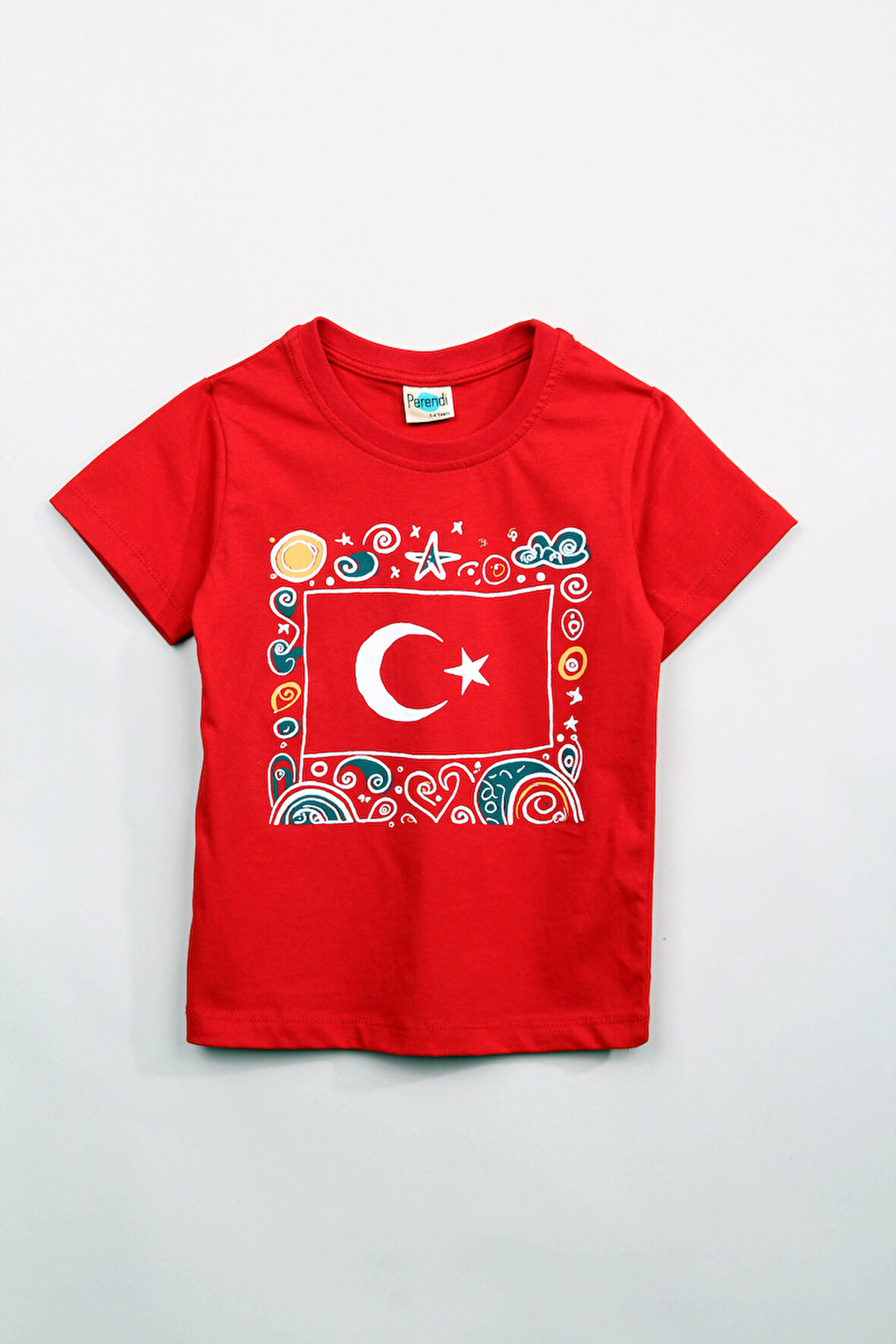 %100 Pamuklu Kısa Kollu Türk Bayrağı Baskılı Kız ve Erkek Unisex Çocuk Tshirt Kırmızı