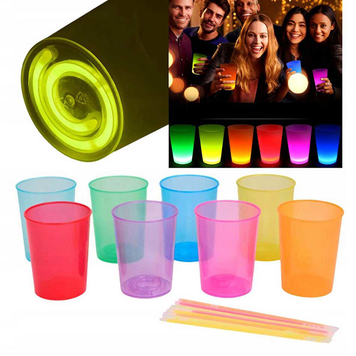 Karanlıkta Yanan Gece Işığı Mega Glow Bardaklar 8 Adet 8.5 x 10.5 cm