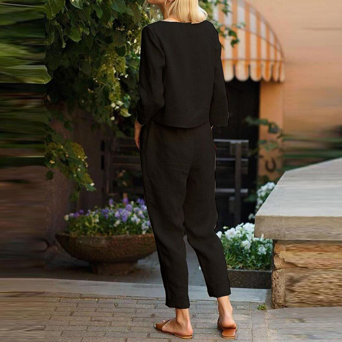 Barbora Keten Günlük Rahat Beli Kemerli Kadın İkili Takım Alt Üst LN01siyah16