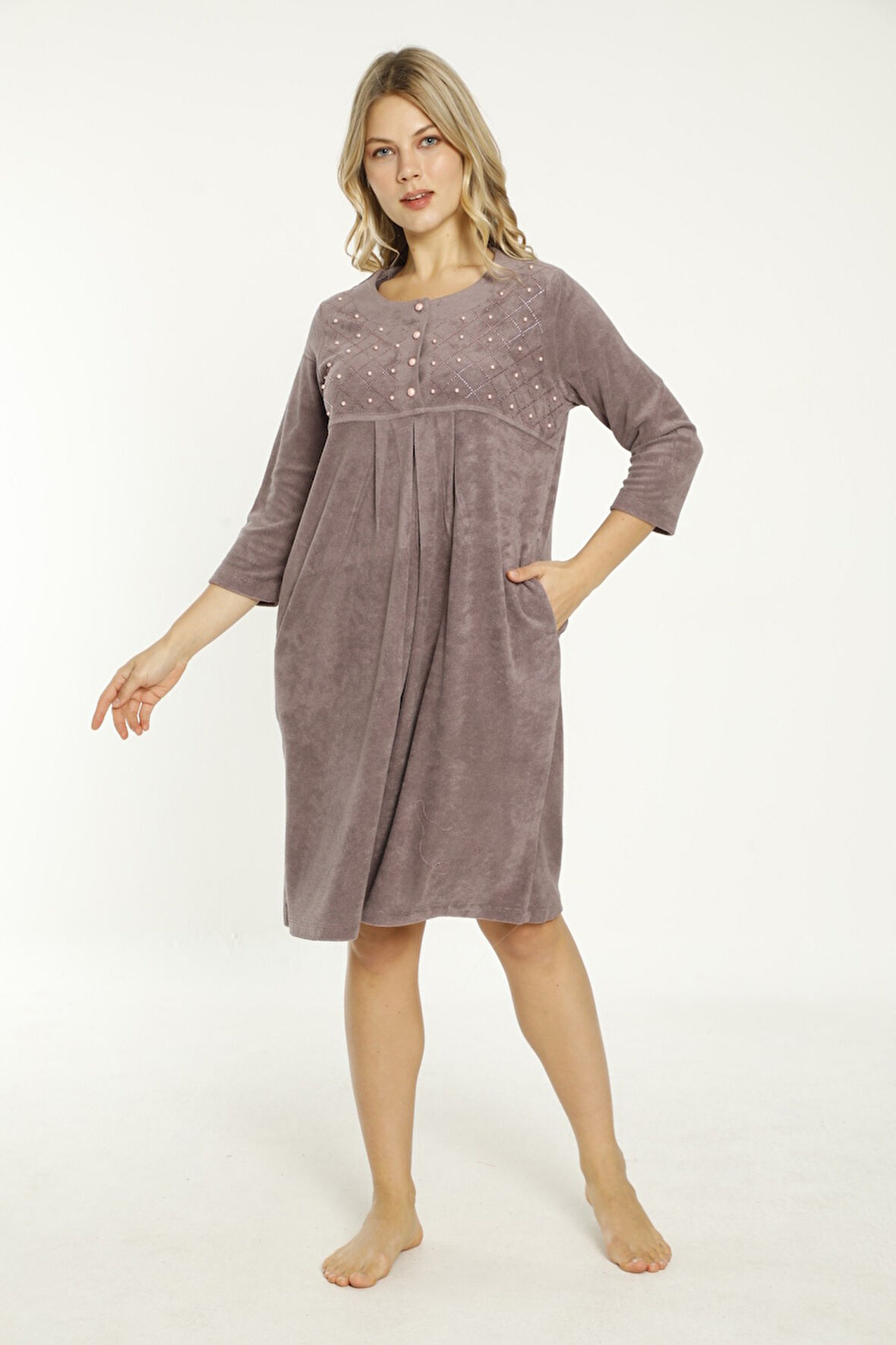 Somon Taş Detaylı Düğmeli Pamuklu Havlu Elbise