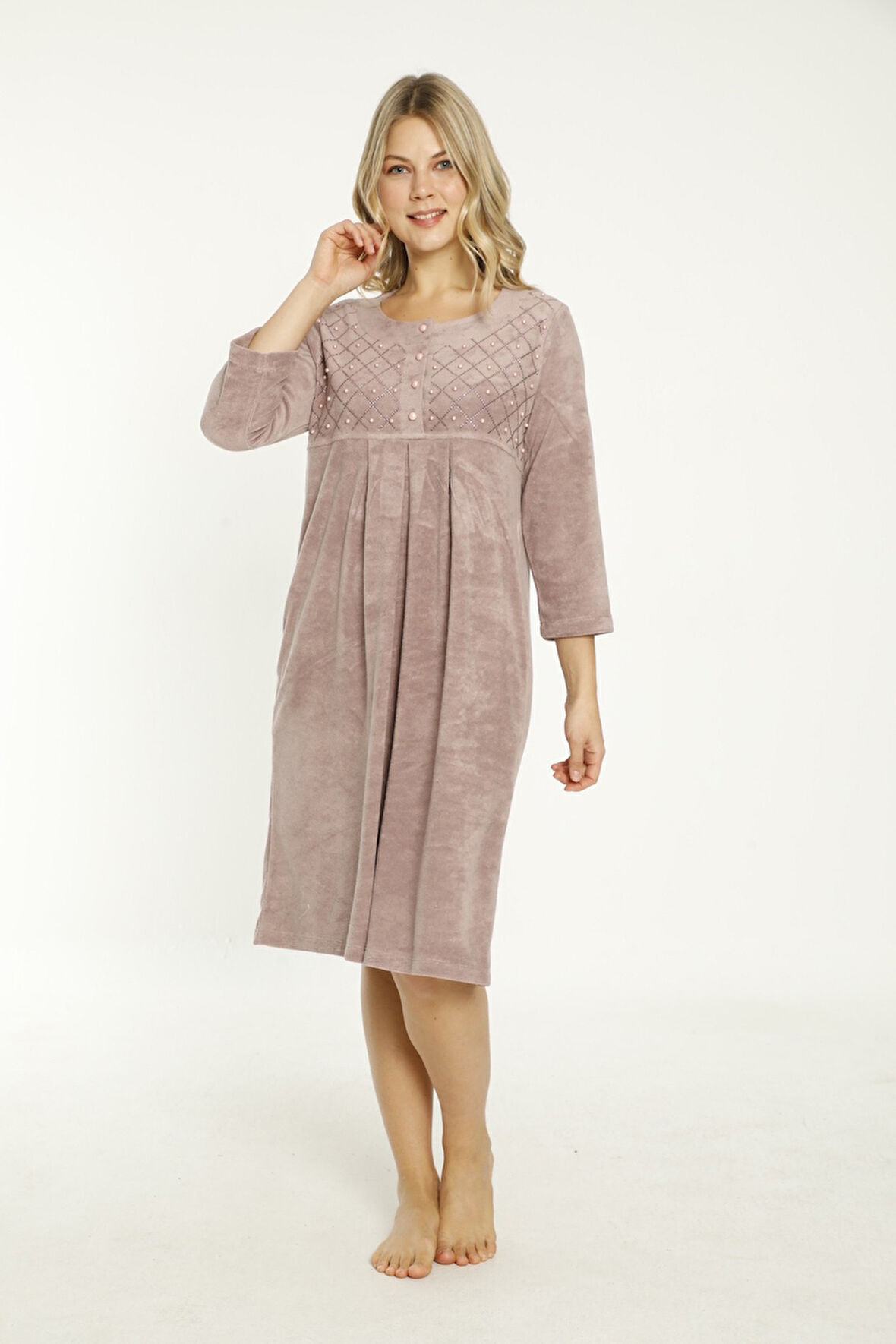 Açık Pembe Taş Detaylı Düğmeli Pamuklu Havlu Elbise