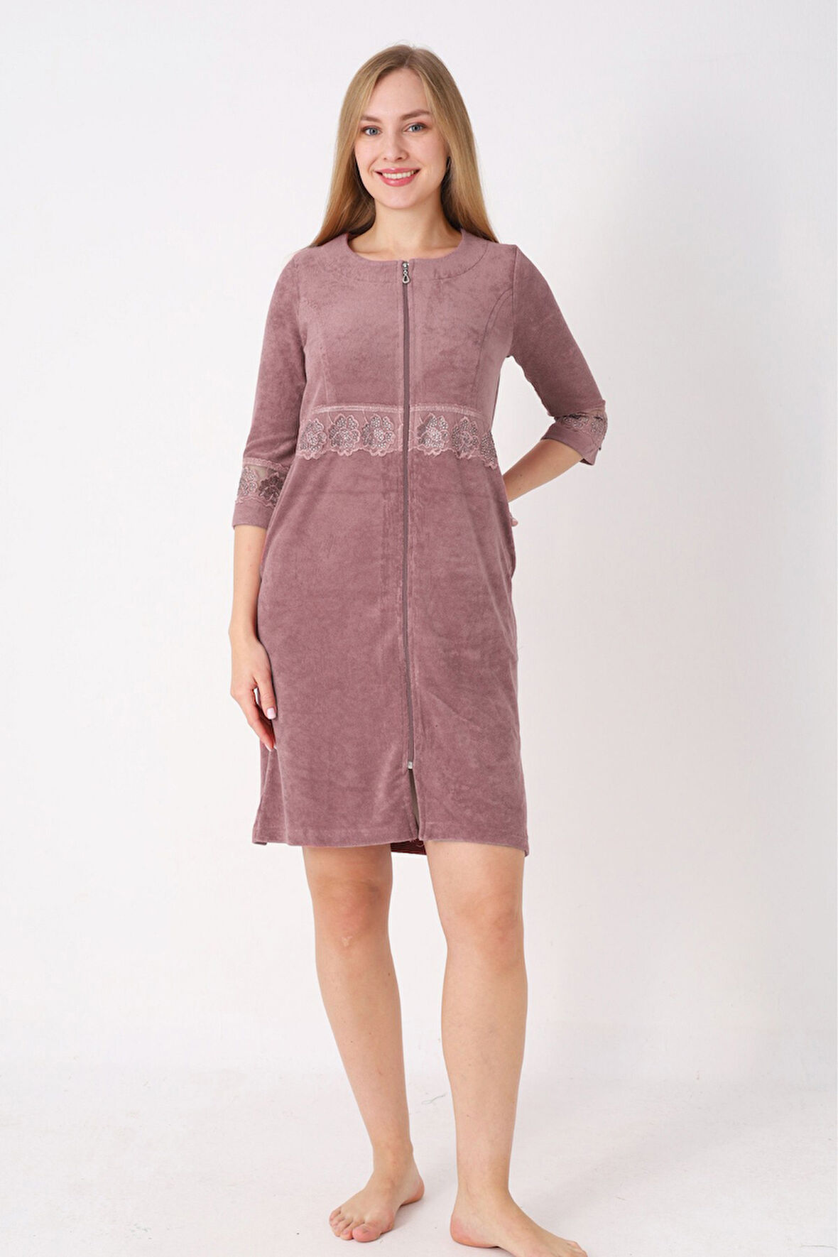 Kiremit Fermuarlı Dantelli Cepli Pamuklu Havlu Truvakar Kollu Elbise