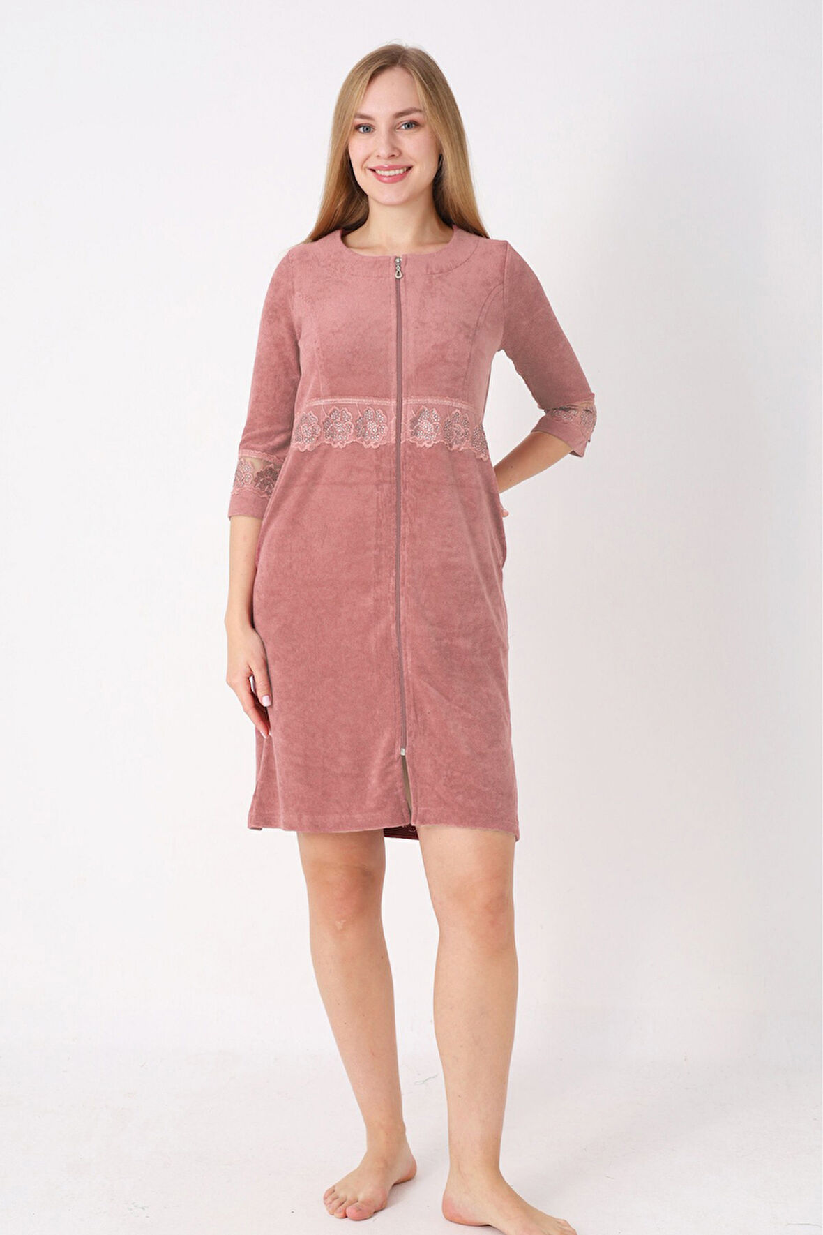 Kiremit Fermuarlı Dantelli Cepli Pamuklu Havlu Truvakar Kollu Elbise