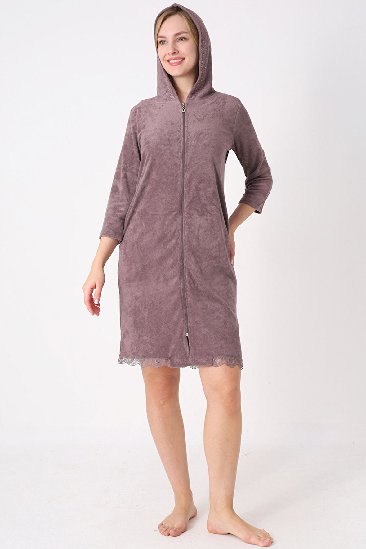 Kapüşonlu Fermuarlı Cepli Taşlı Truvakar Kollu Pamuklu Havlu Elbise