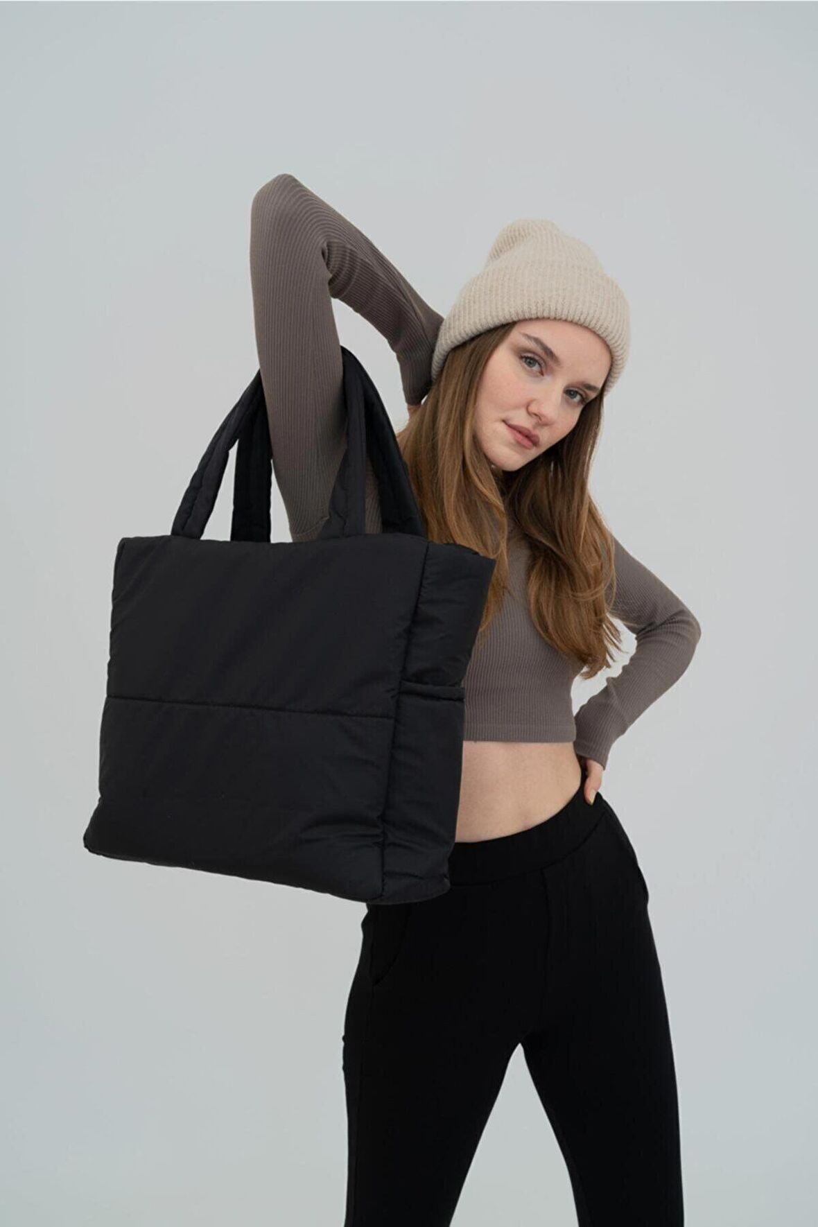 Samilon Kabartmalı Puf Kumaş Shopper Çanta Napoli Siyah