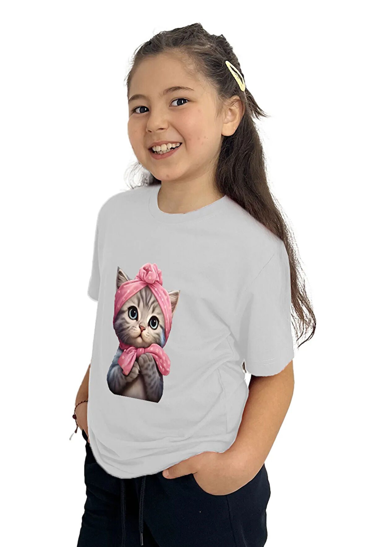 Kedi Baskılı Kız Çocuk Tişört | %100 Pamuk, Şık ve Rahat
