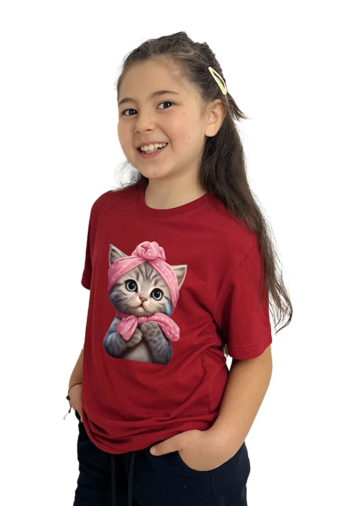 Kedi Baskılı Kız Çocuk Tişört | %100 Pamuk, Şık ve Rahat