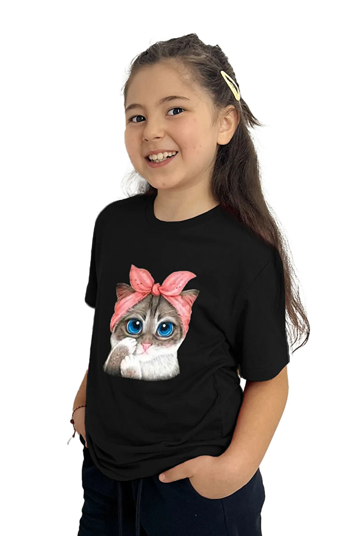 Sevimli kedi Baskılı Kız Çocuk Tişört | %100 Pamuk, Şık ve Rahat