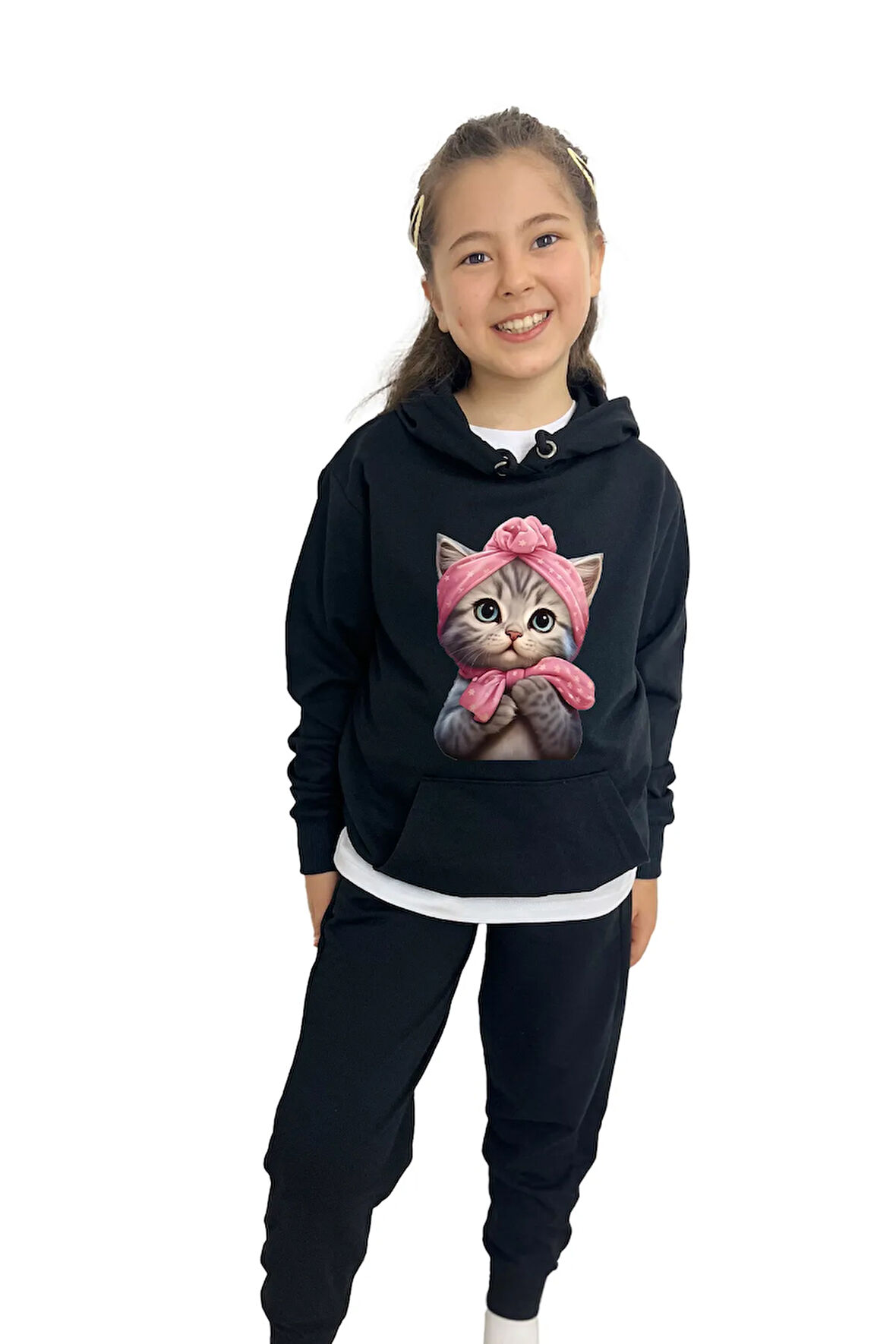 Sevimli Kedi Baskılı Kız Sweatshirt Tişört Eşofman 3'lü Takım – Rahat Ve Şık Tasarım