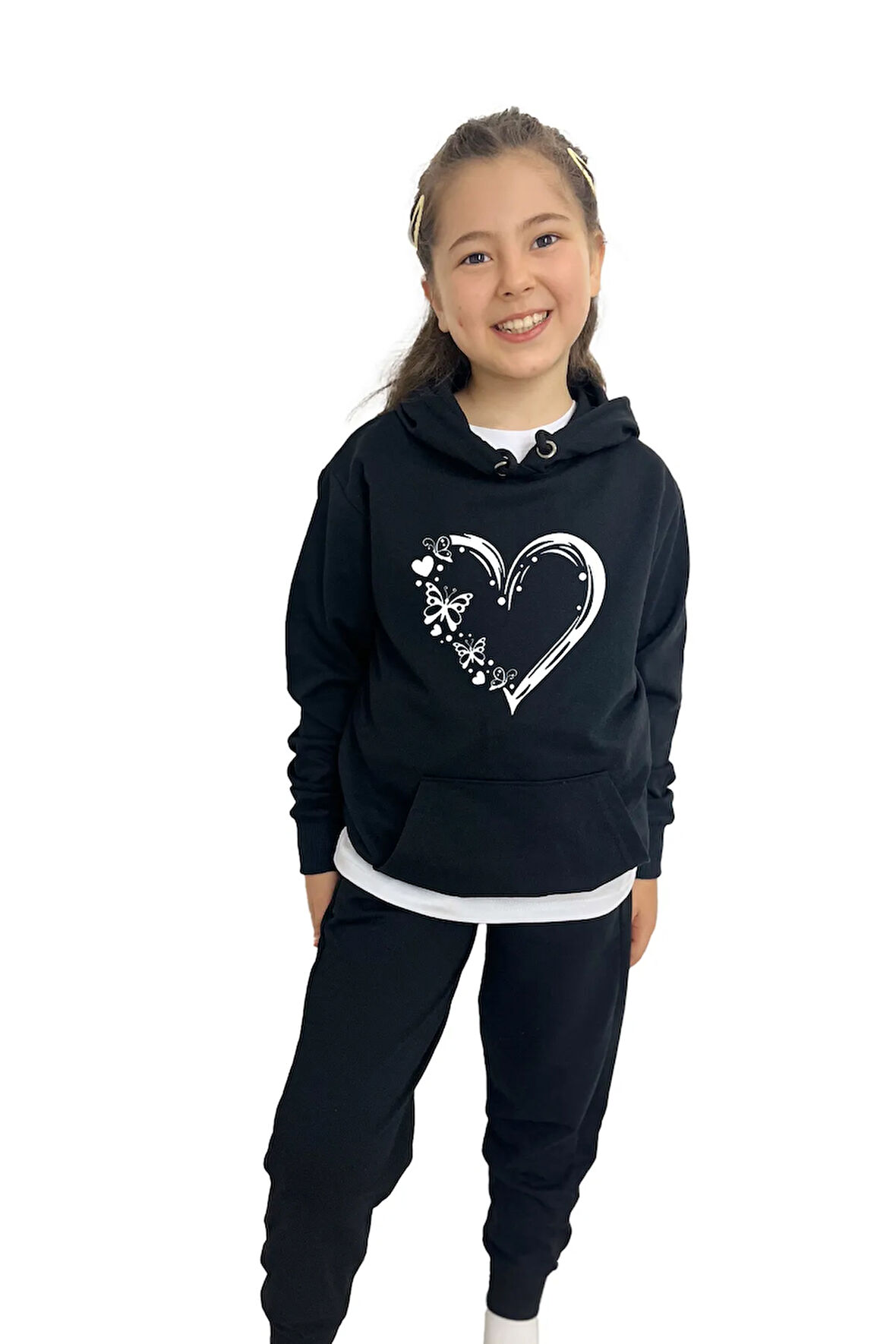 Kalp Baskılı Kız Sweatshirt Tişört Eşofman 3'lü Takım – Rahat Ve Şık Tasarım