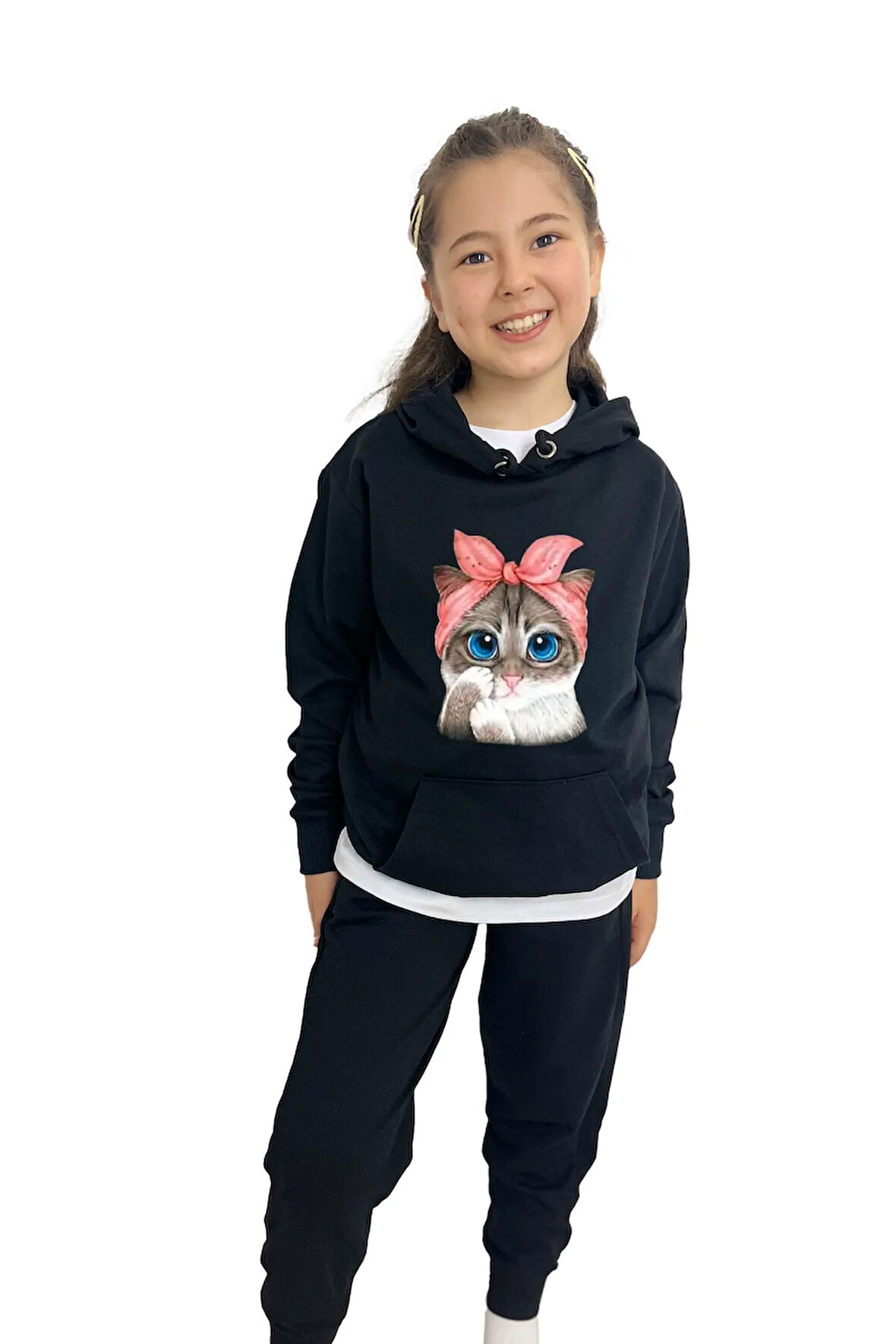Kedi Kız Sweatshirt Tişört Eşofman 3'lü Takım – Rahat Ve Şık Tasarım