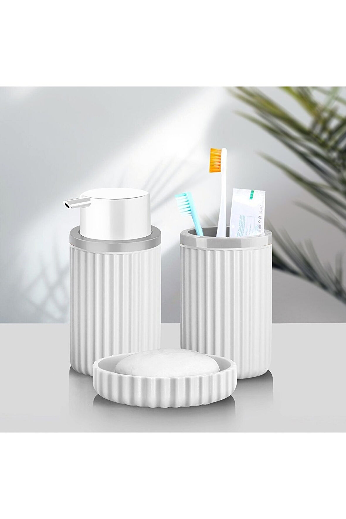 Banyo Takımı Diş Fırçalık Sıvı Sabunluk Katı Sabunluk 3 Lü Set BEYAZ 3319