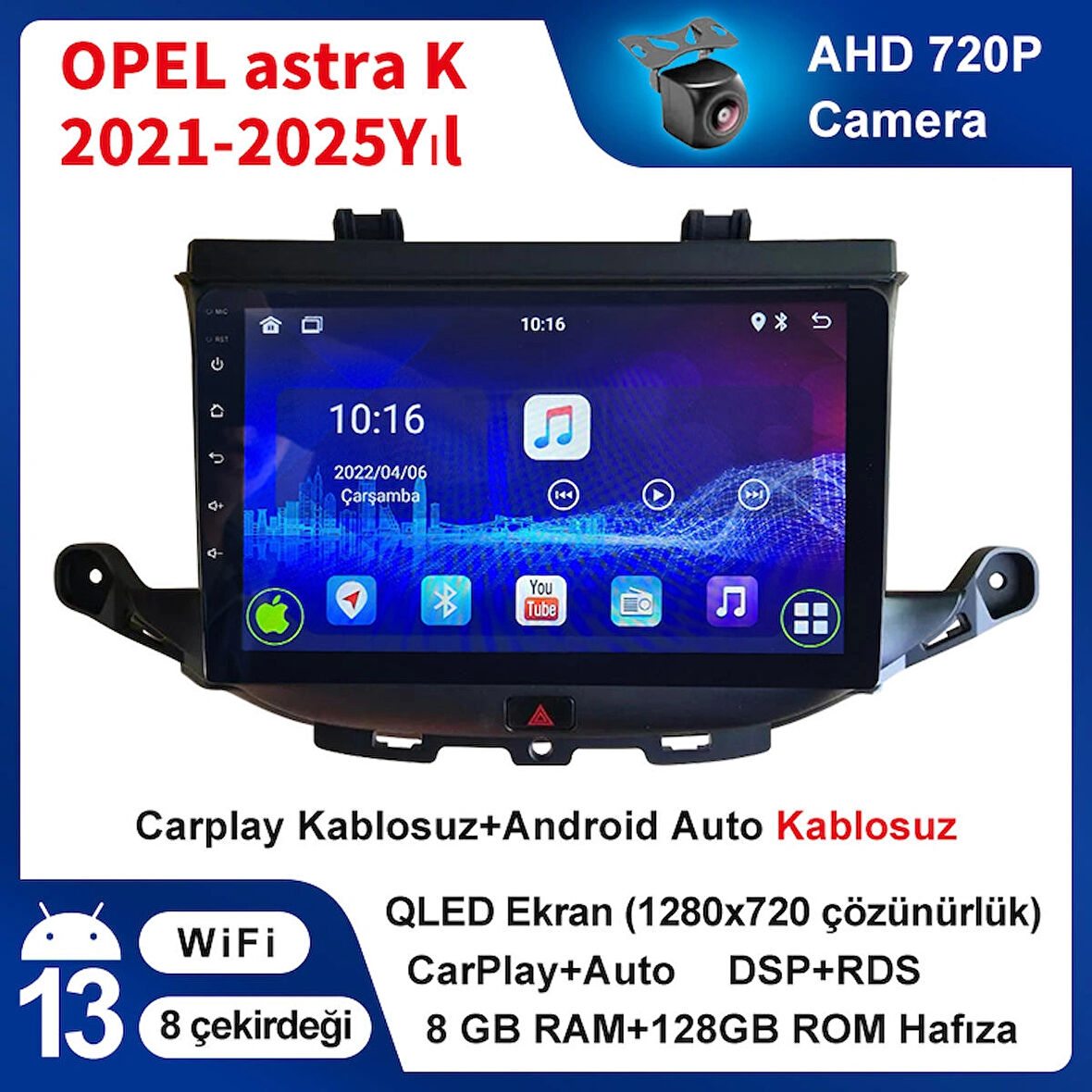 OPEL Astra K 2021-2025Yıl 8GB Ram 128GB Hafıza 9.7 İnç Android 14 Cihaz Kablosuz Carplay Kablosuz Android Auto Multimedya Navigasyon Double Teyp Araç Monitor Ekran