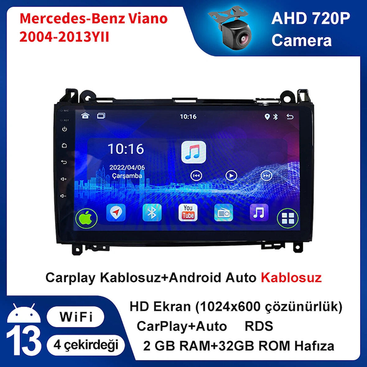 Mercedes-Benz Viano 2004-2013 Yıl 2GB Ram 32GB Hafıza 9 İnç Android 14 Cihaz Kablosuz Carplay Kablosuz Android Auto Multimedya Navigasyon Double Teyp Araç Monitor Ekran