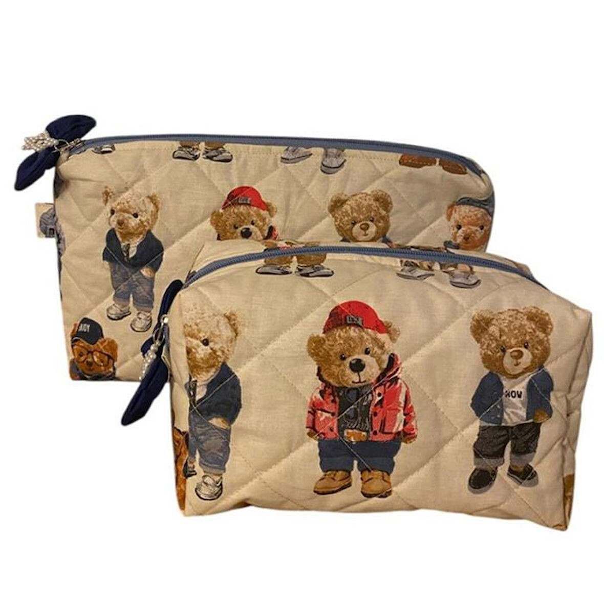 Uretti - Petek 7523  El Yapımı Teddy Bear Temalı 2'li Bakım / Portföy Çantası Seti