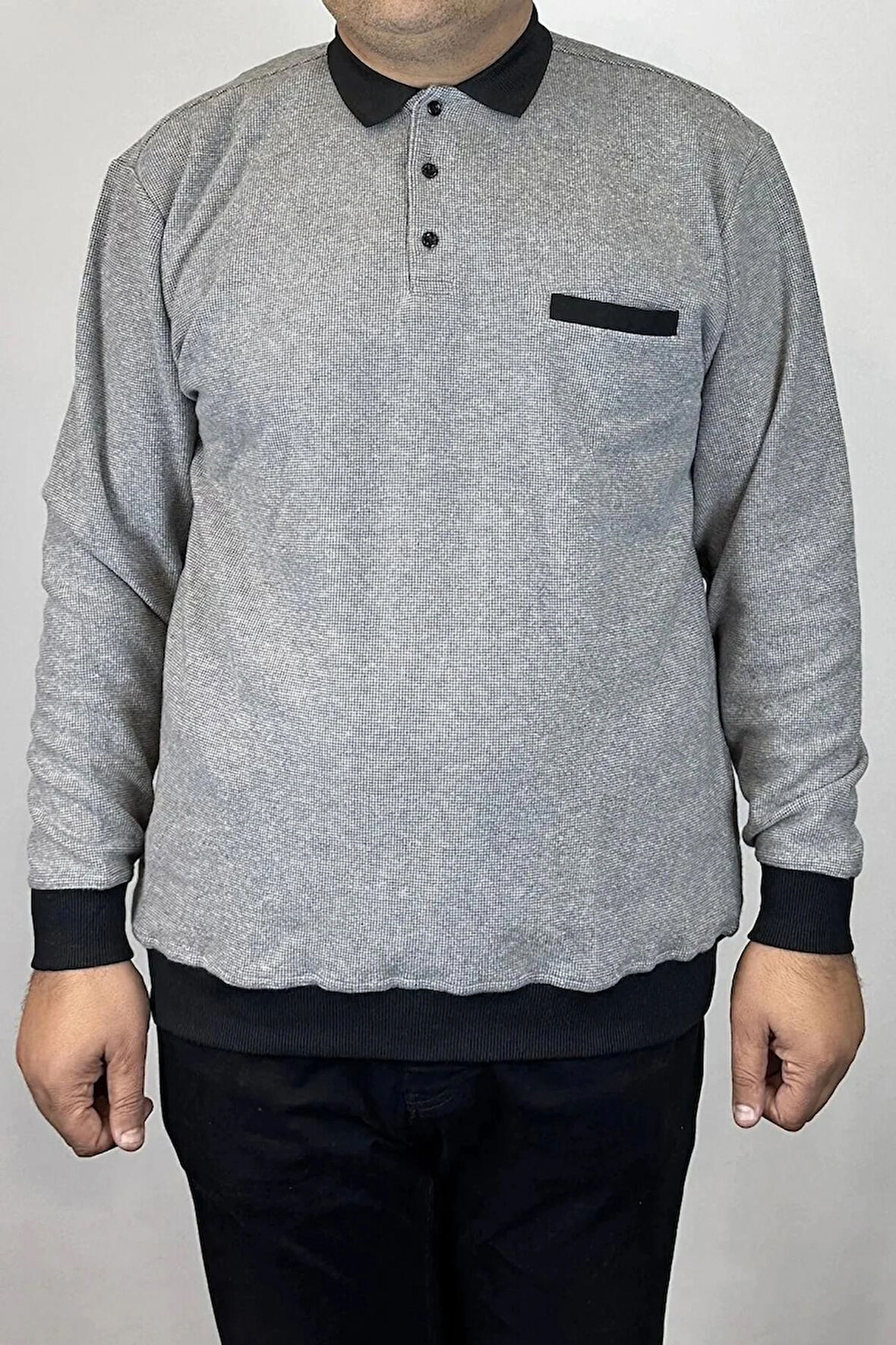 Erkek Polo Yaka Cepli Büyük Beden Battal Selanik Örgü Buz Gri Sweatshirt Bir Beden Küçük Önerilir