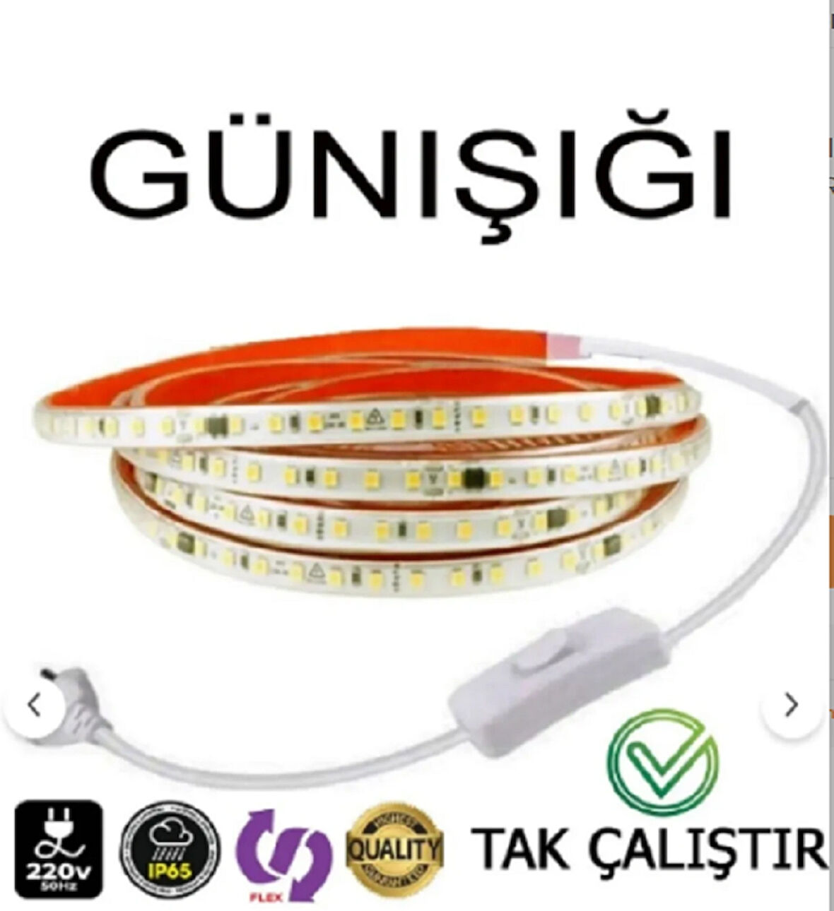 220V Şerit LED YÜKSEK IŞIK FİŞLİ VE ANAHTARLI GÜNIŞIĞI 3METRE ((ADAPTÖR TRAFO YOK TAK ÇALIŞTIR))