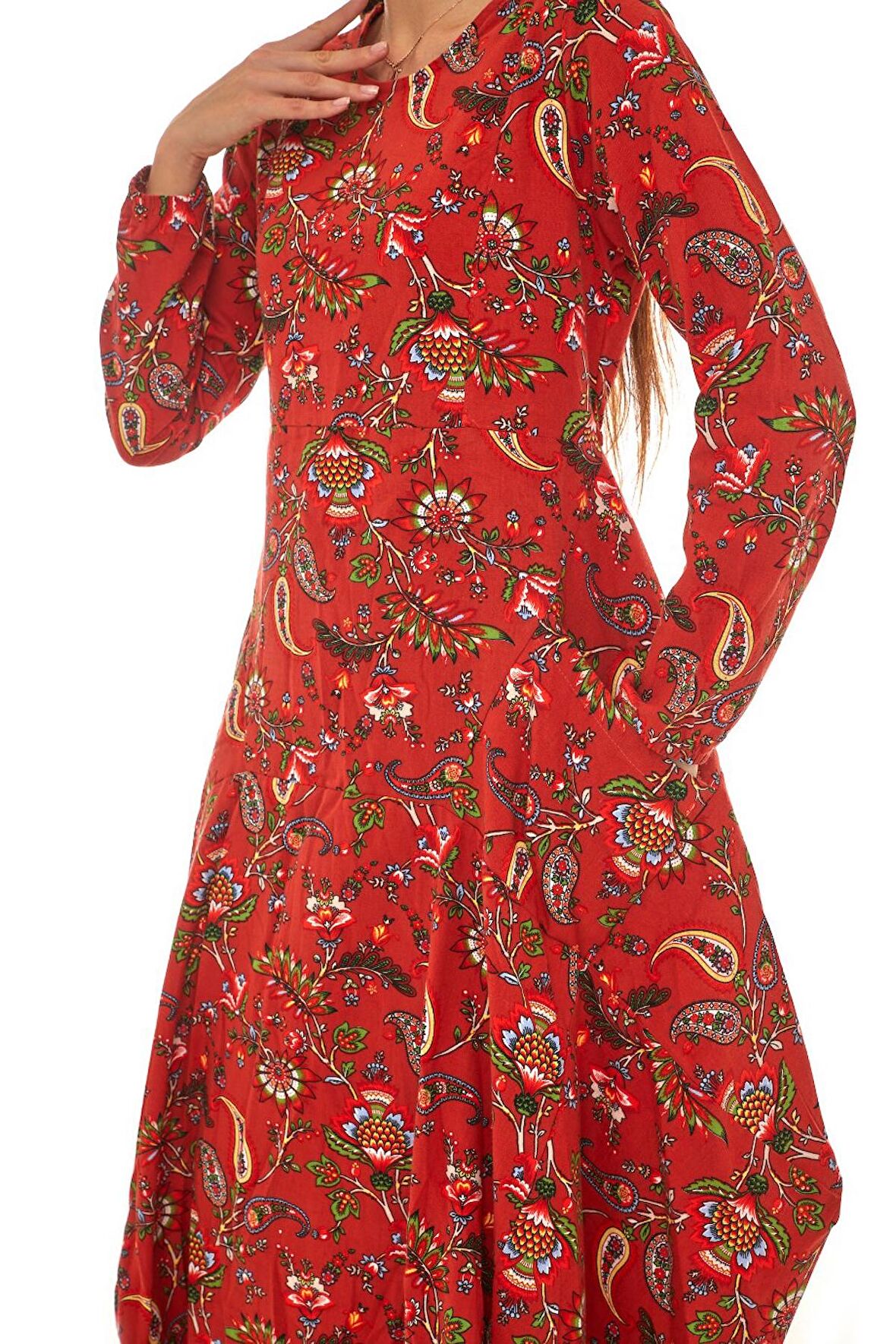 Uzun Kol Velvetin Bordo Desenli Uzun Elbise