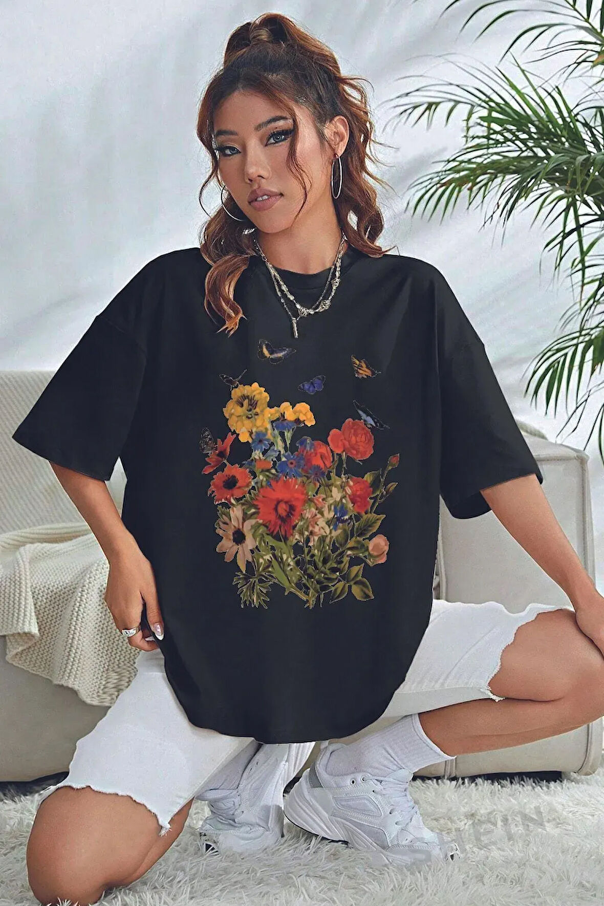 Unisex Pamuklu Butterfly Flowers Ön Baskılı Tasarım Tshirt