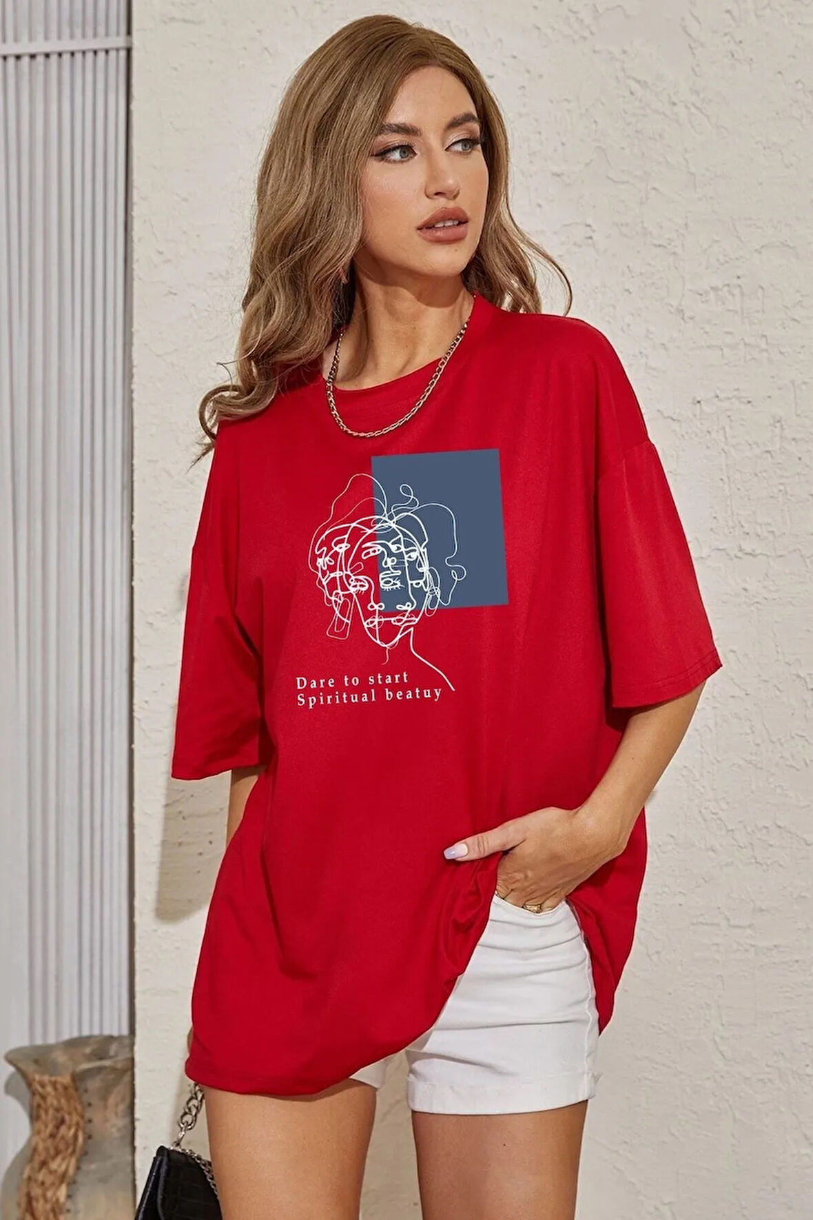 Unisex Minimal Line Drawing Baskılı Kısa Kol T-shirt