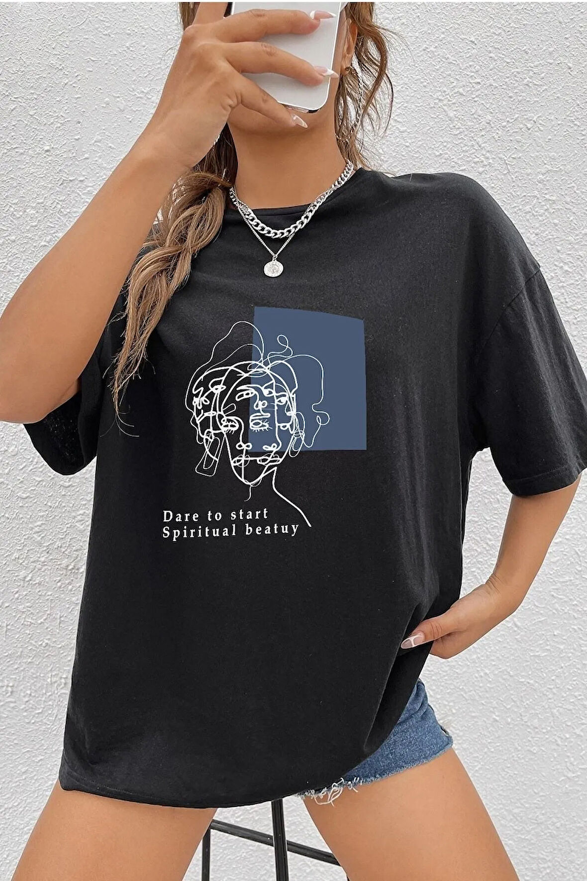 Unisex Minimal Line Drawing Baskılı Kısa Kol T-shirt