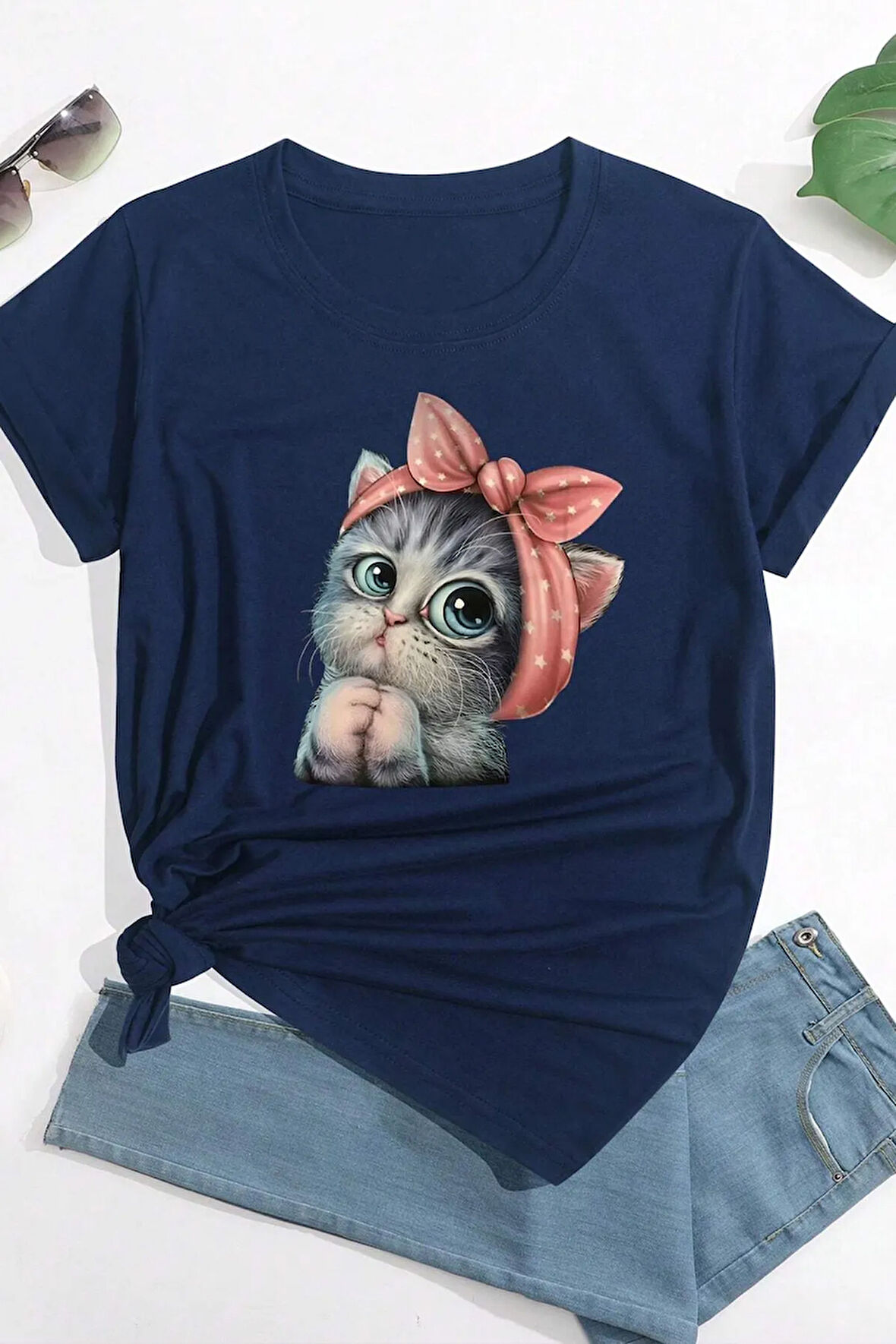 Unisex Sevimli Kedi Baskılı Tasarım T-shirt