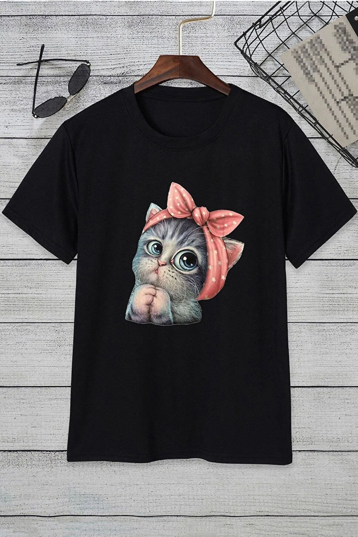 Unisex Sevimli Kedi Baskılı Tasarım T-shirt