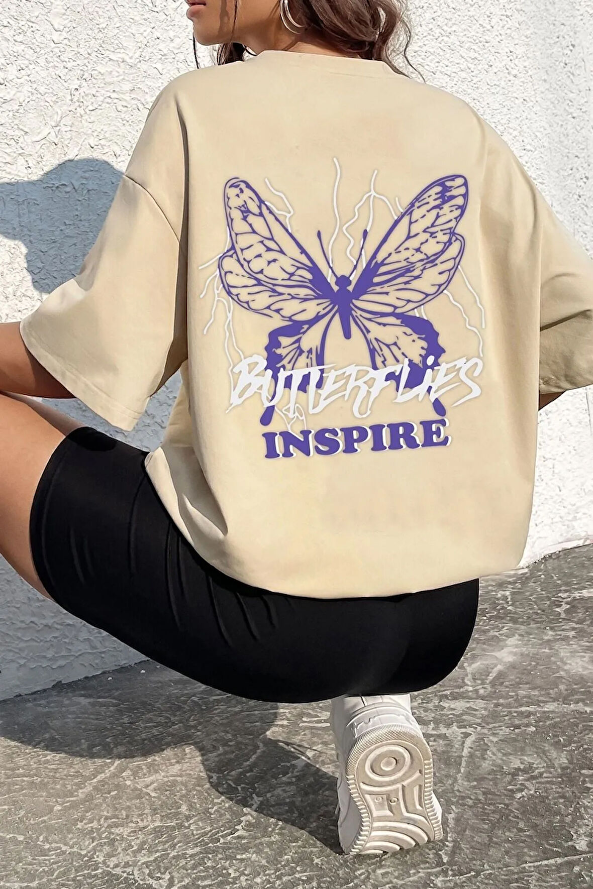 Unisex Butterfly & Letter Graphic Baskılı Tasarım T-shirt