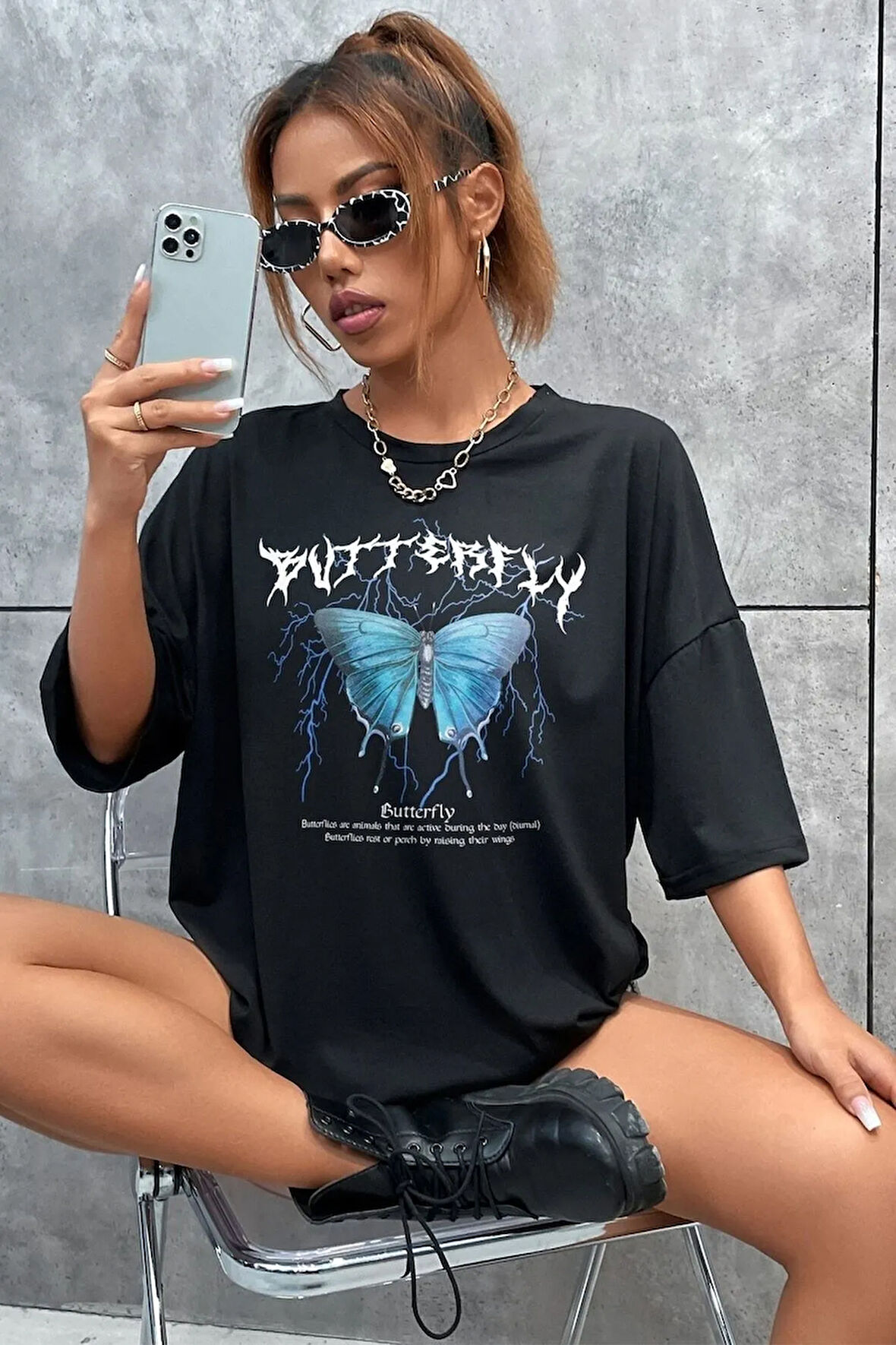 Unisex Blue Butterfly Baskılı Kısa Kol T-shirt
