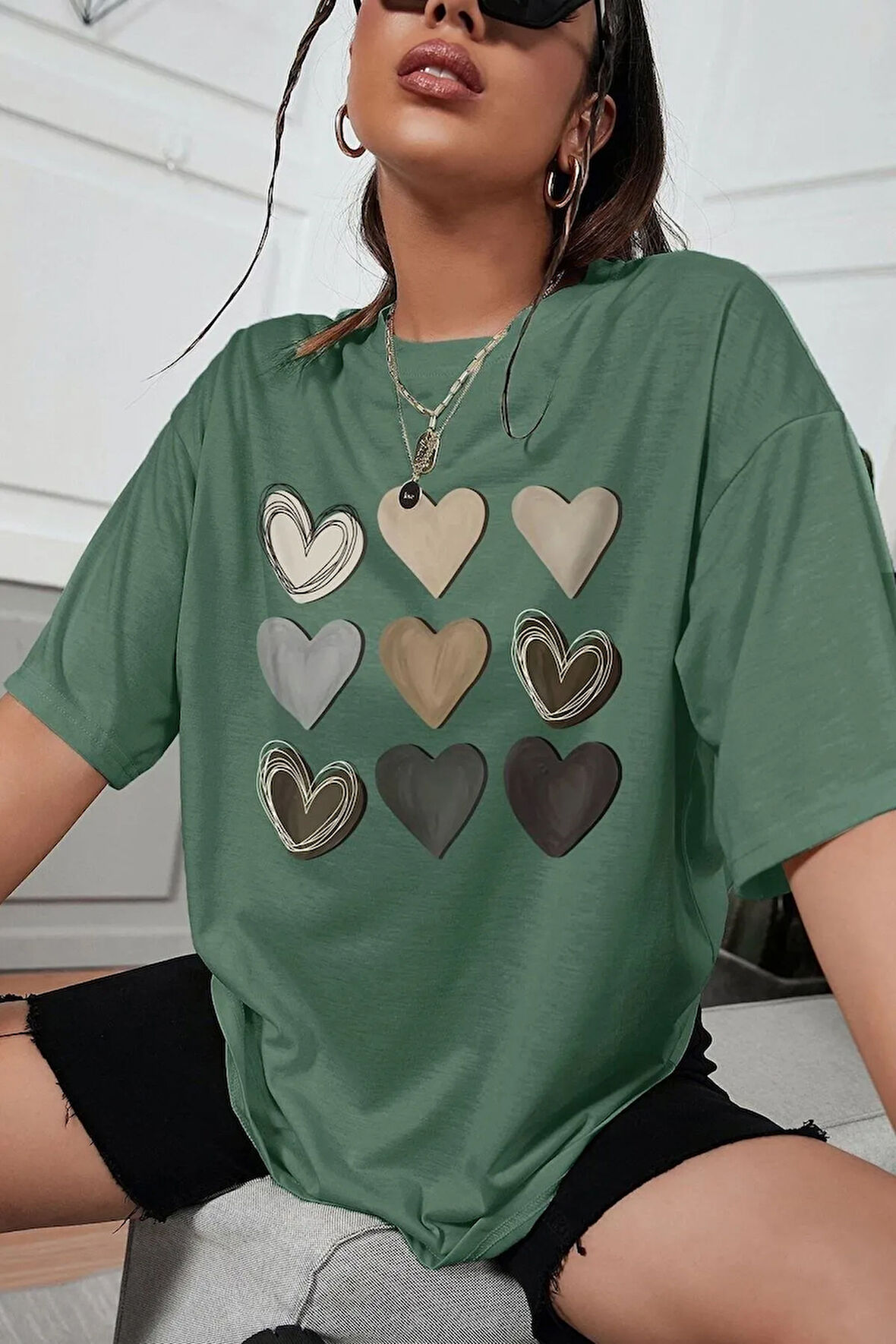 Unisex Kalp Baskılı Tasarım Tshirt