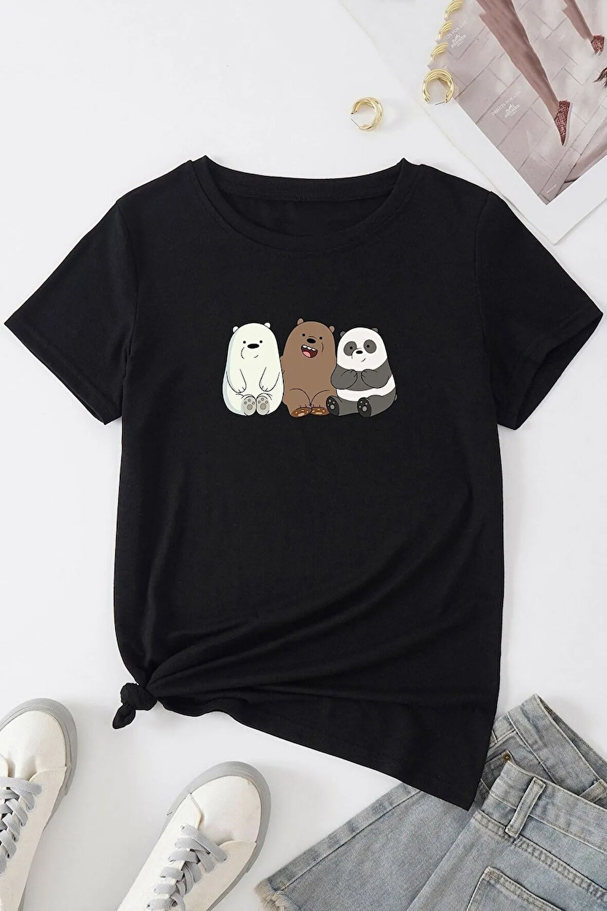 Unisex Kafadar Ayılar Tasarım Kısa Kol Tshirt