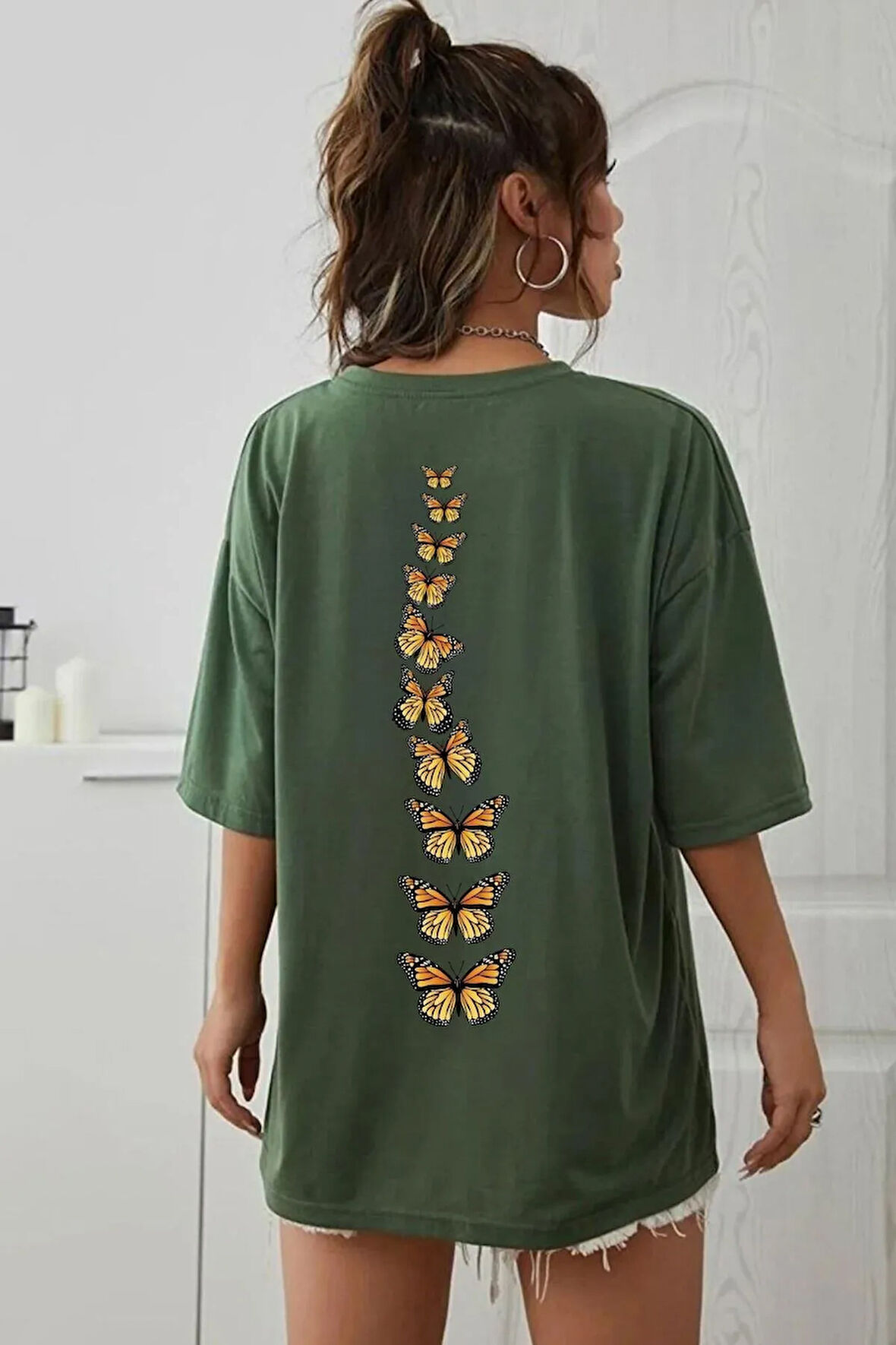 Unisex Sırt Kral Kelebek Baskılı Tasarım Tshirt