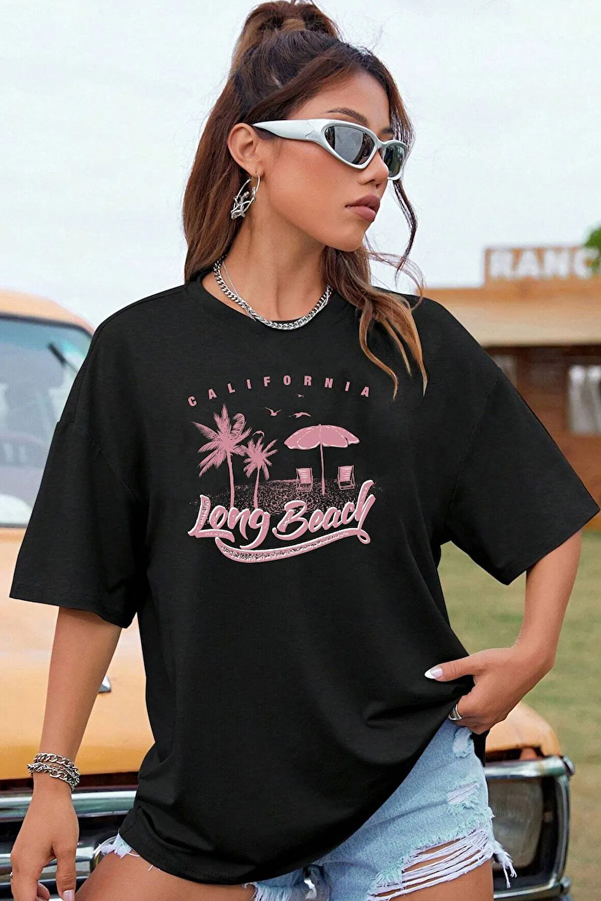 Unisex Long Beach Baskılı Tasarım Tshirt