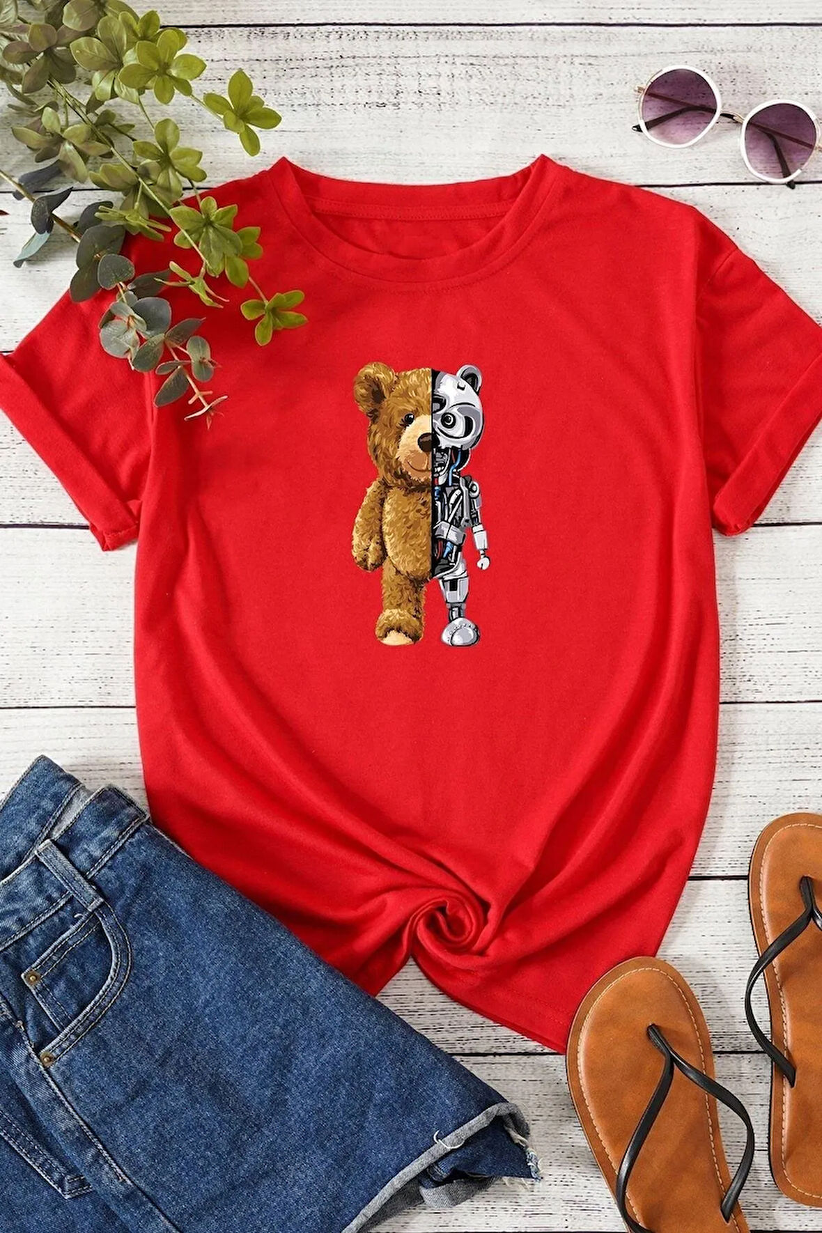 Unisex Boys Bear Baskılı Tasarım Tshirt