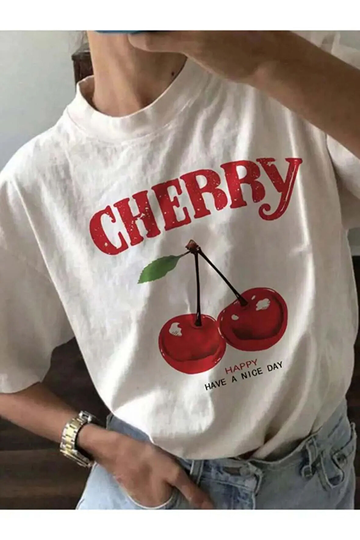 Unisex Happy Cherry Baskılı Tasarım Tshirt