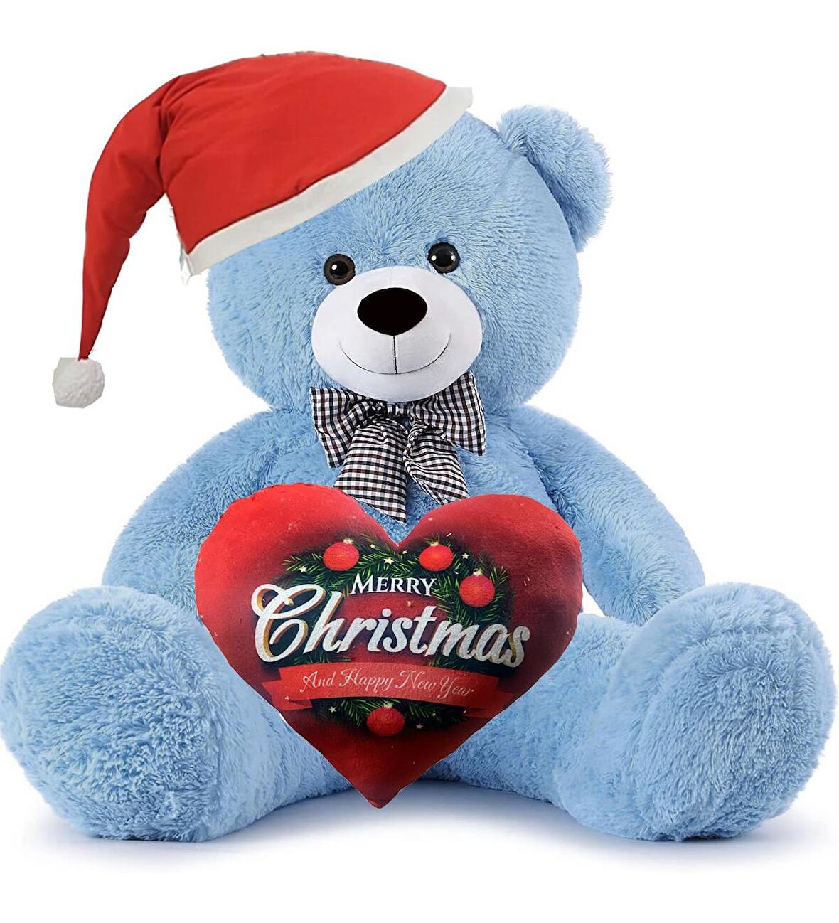  Yeni Yıla Özel : Elinde Baskılı Kalbi Ve Noel Şapkalı 90 cm Papyonlu Peluş Ayıcık - Yeni Yıl Temalı 