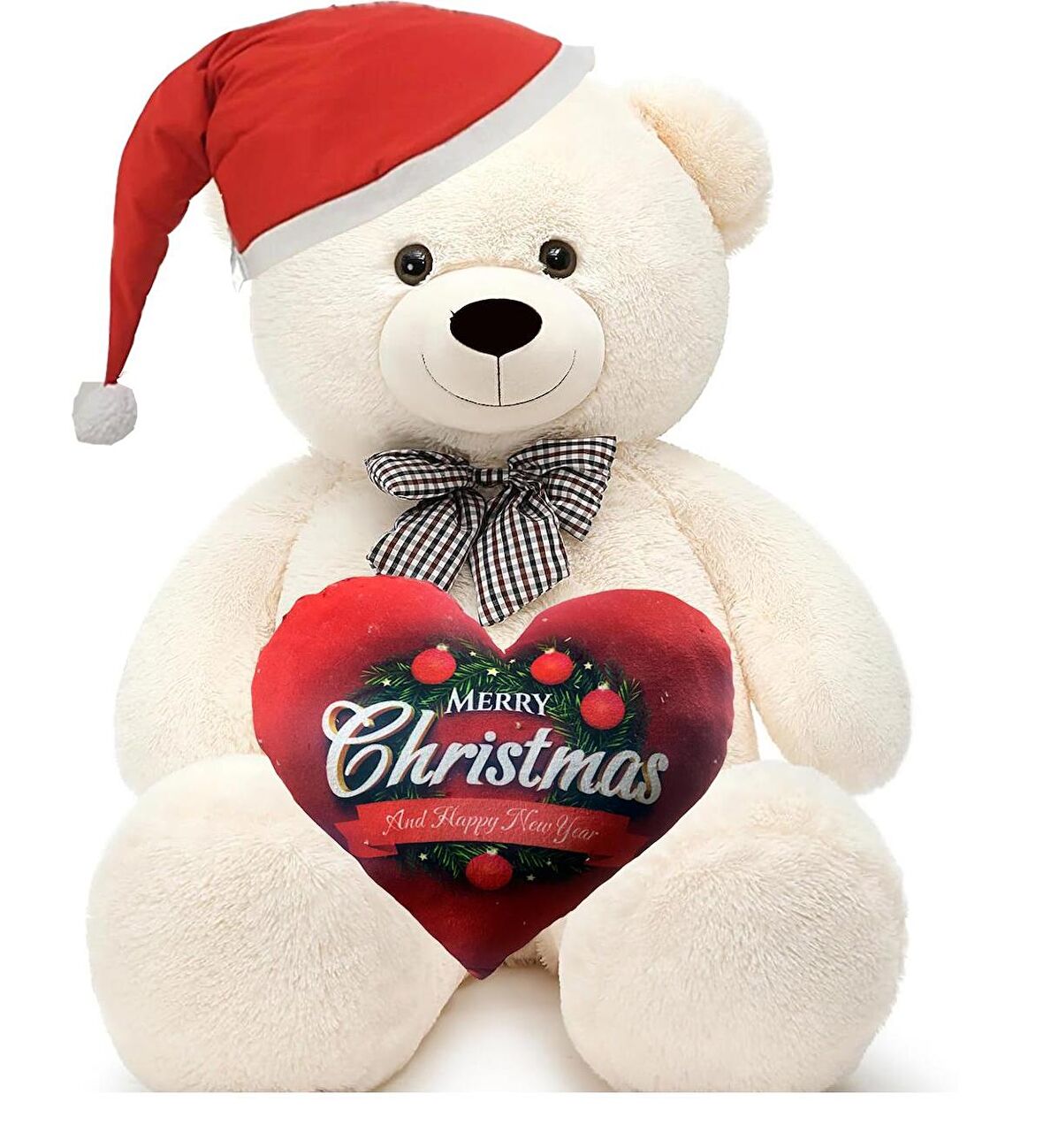  Yeni Yıla Özel : Elinde Baskılı Kalbi Ve Noel Şapkalı 90 cm Papyonlu Peluş Ayıcık - Yeni Yıl Temalı 