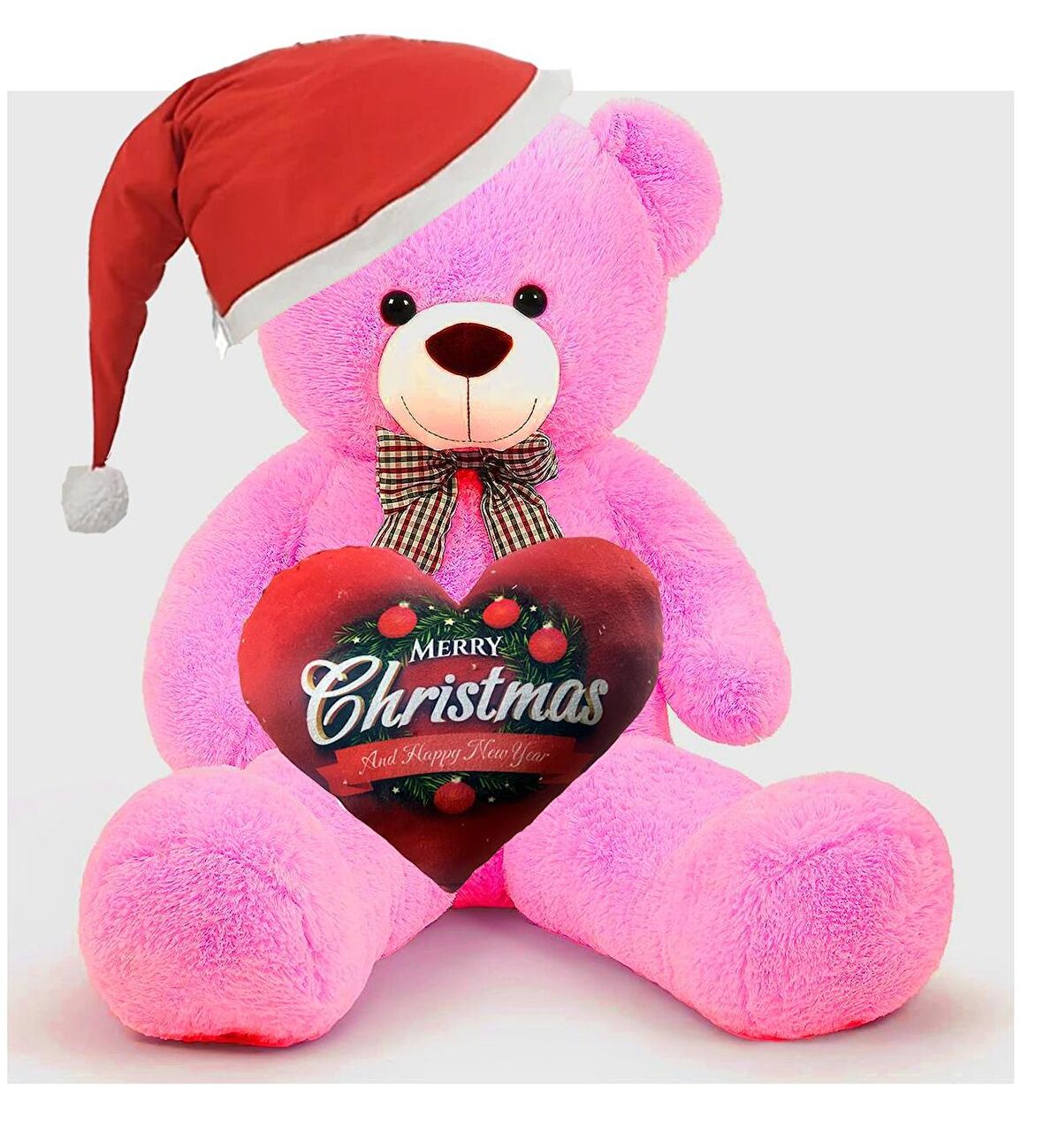  Yeni Yıla Özel : Elinde Baskılı Kalbi Ve Noel Şapkalı 90 cm Papyonlu Peluş Ayıcık - Yeni Yıl Temalı 