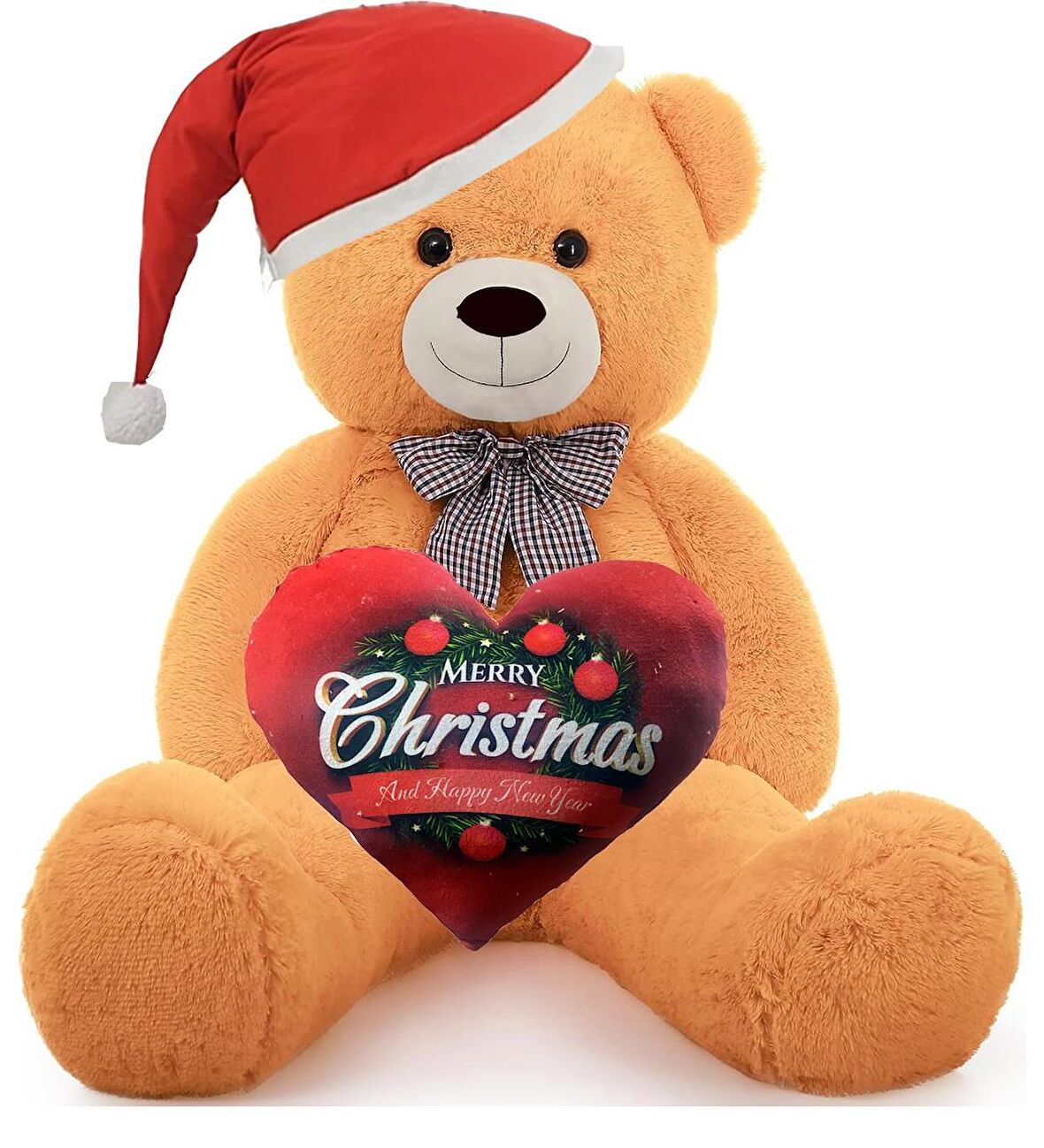  Yeni Yıla Özel : Elinde Baskılı Kalbi Ve Noel Şapkalı 90 cm Papyonlu Peluş Ayıcık - Yeni Yıl Temalı 
