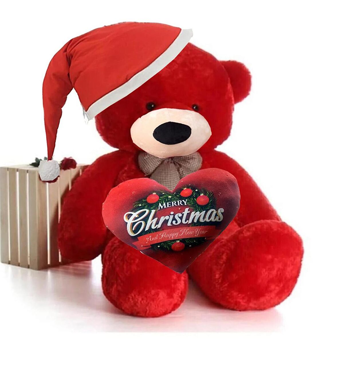  Yeni Yıla Özel : Elinde Baskılı Kalbi Ve Noel Şapkalı 90 cm Papyonlu Peluş Ayıcık - Yeni Yıl Temalı 