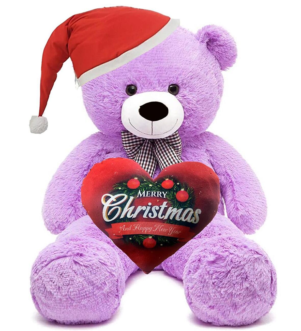  Yeni Yıla Özel : Elinde Baskılı Kalbi Ve Noel Şapkalı 90 cm Papyonlu Peluş Ayıcık - Yeni Yıl Temalı 